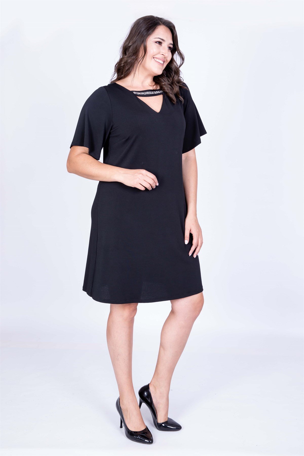 Myline-Yaka Çerçevesi Taşlı Elbise-Büyük Beden Günlük Elbiseler-35216