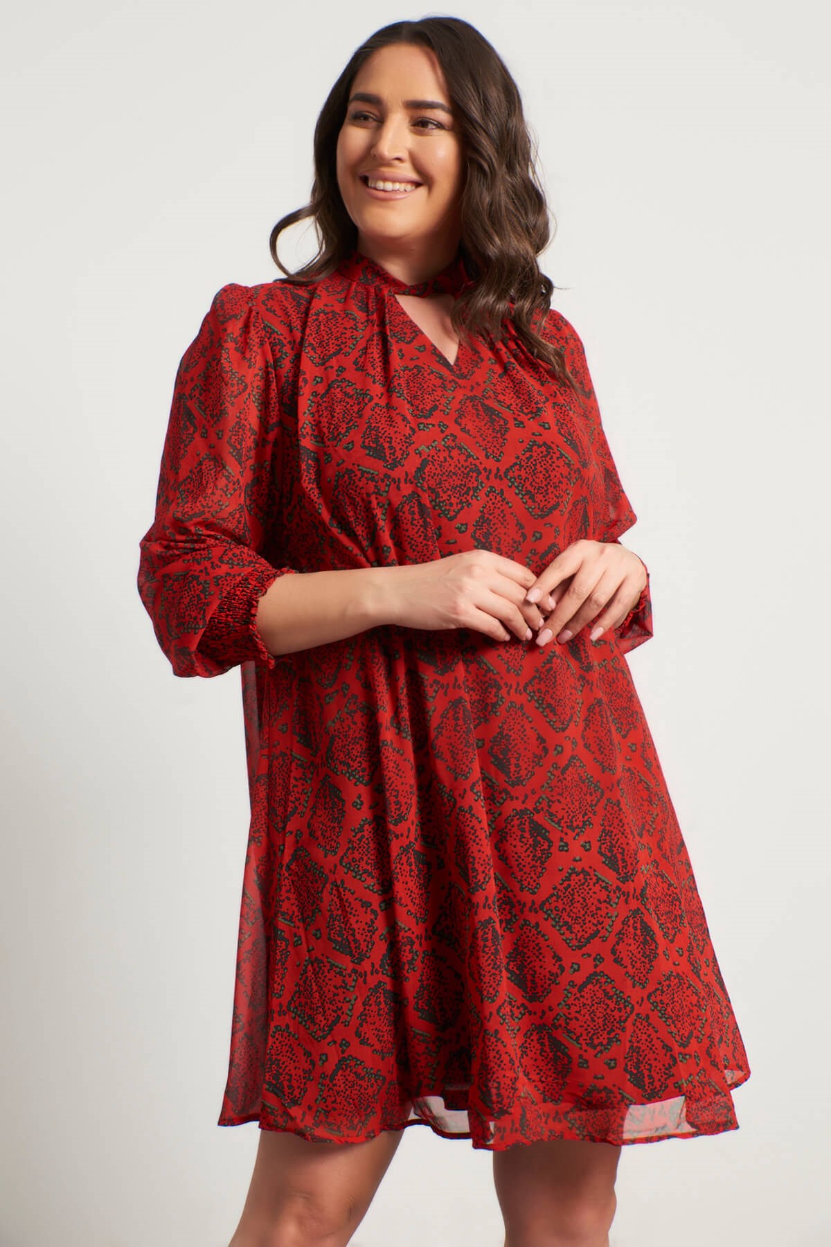 Myline-Yaka Detaylı Gipeli Şifon Elbise-Büyük Beden Günlük Elbiseler-56057