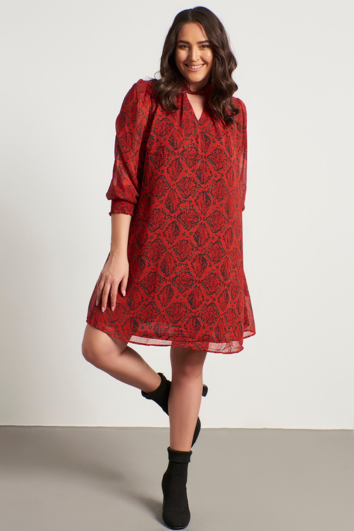 Myline-Yaka Detaylı Gipeli Şifon Elbise-Büyük Beden Günlük Elbiseler-56057