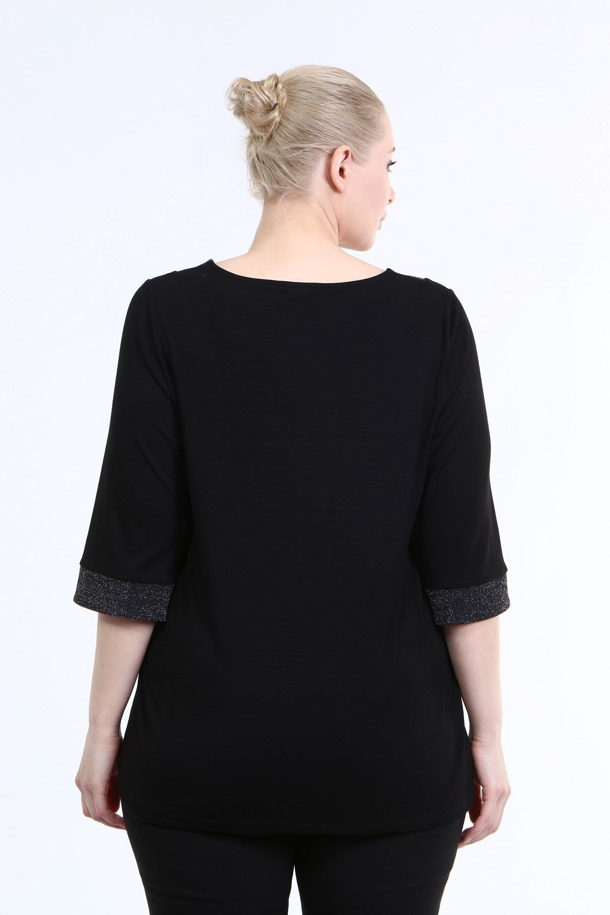 Myline-Yaka ve Kol Ucu Simli Penye Bluz-Büyük Beden Bluz-66658