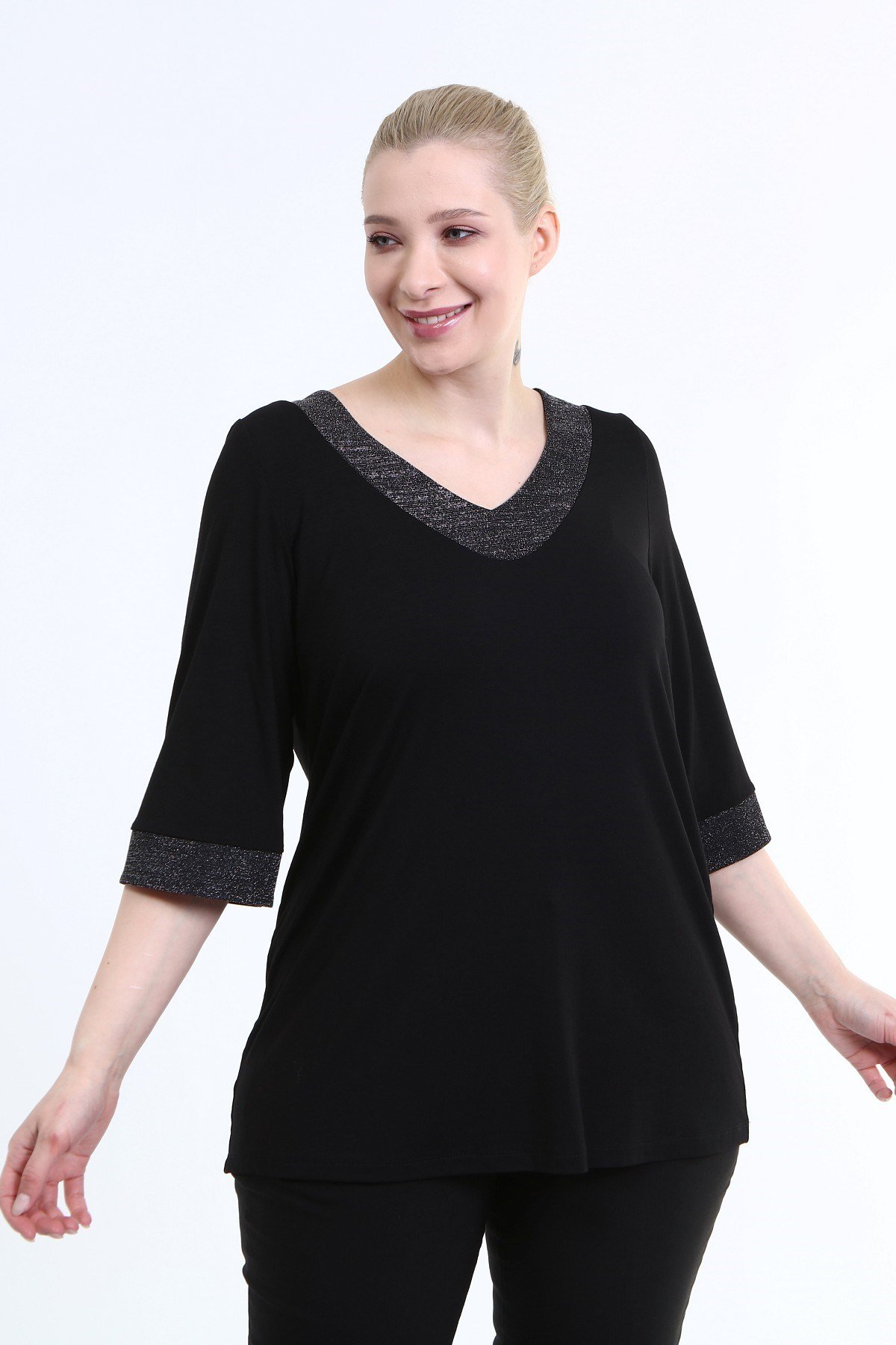 Myline-Yaka ve Kol Ucu Simli Penye Bluz-Büyük Beden Bluz-66658