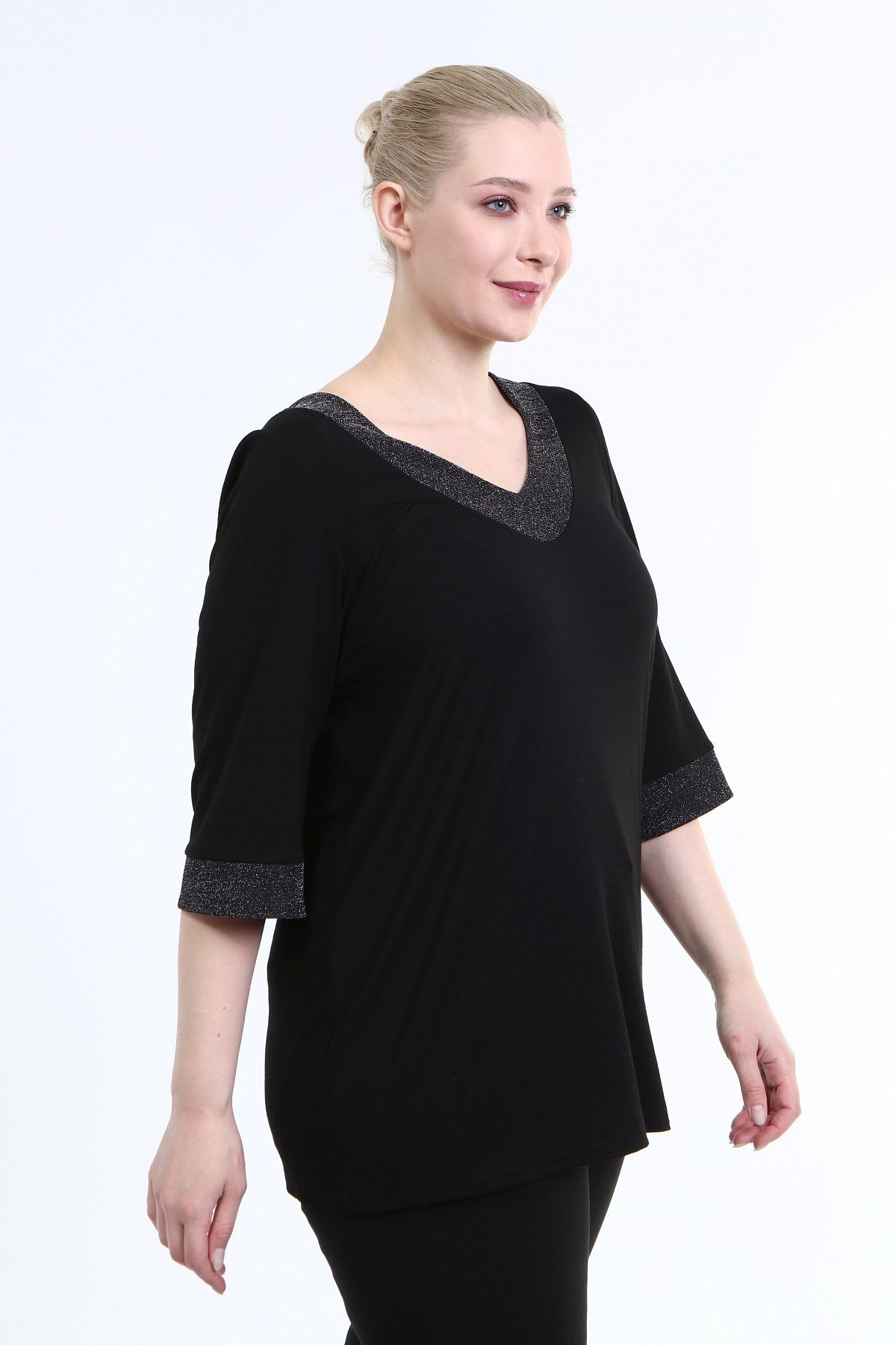 Myline-Yaka ve Kol Ucu Simli Penye Bluz-Büyük Beden Bluz-66658