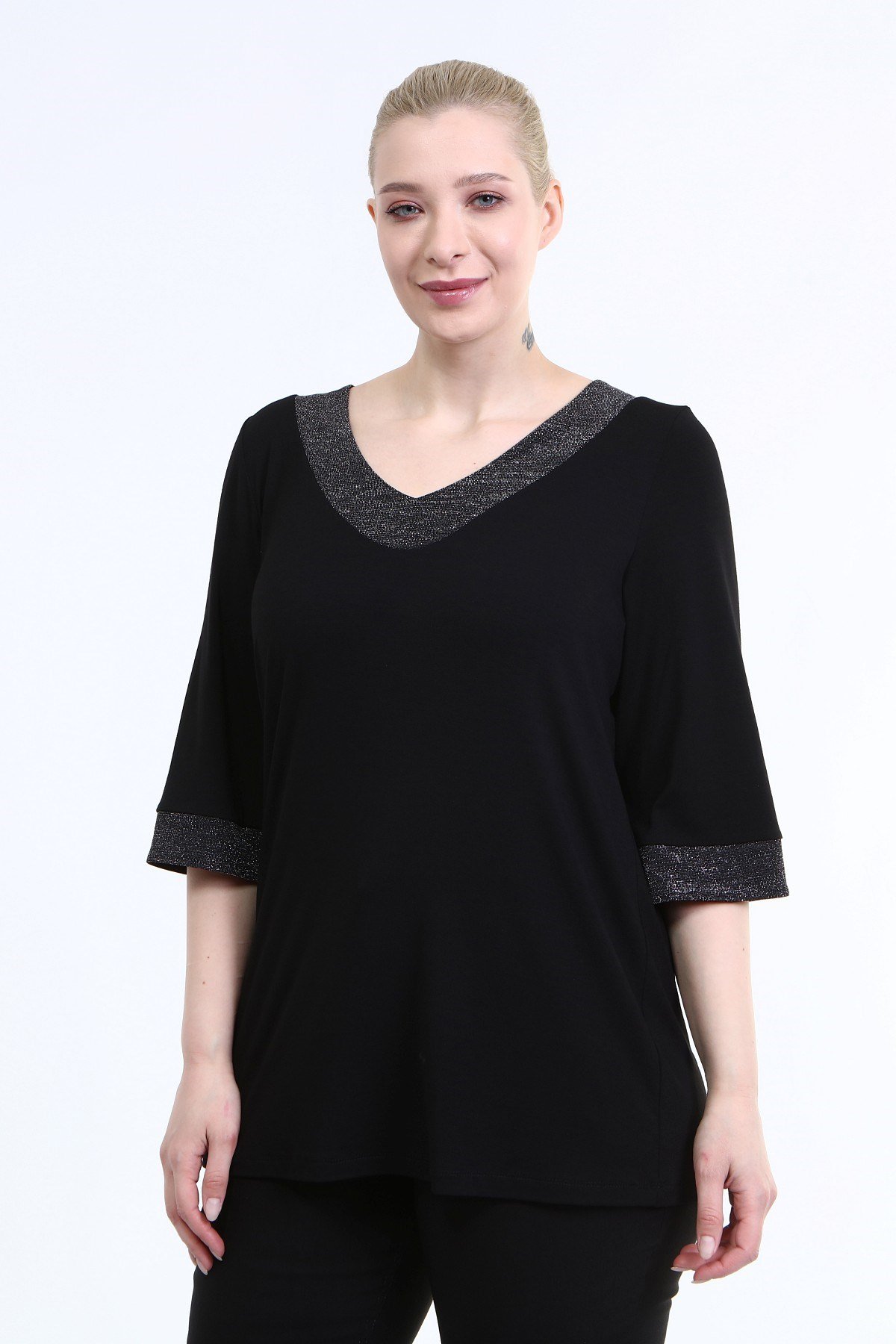 Myline-Yaka ve Kol Ucu Simli Penye Bluz-Büyük Beden Bluz-66658