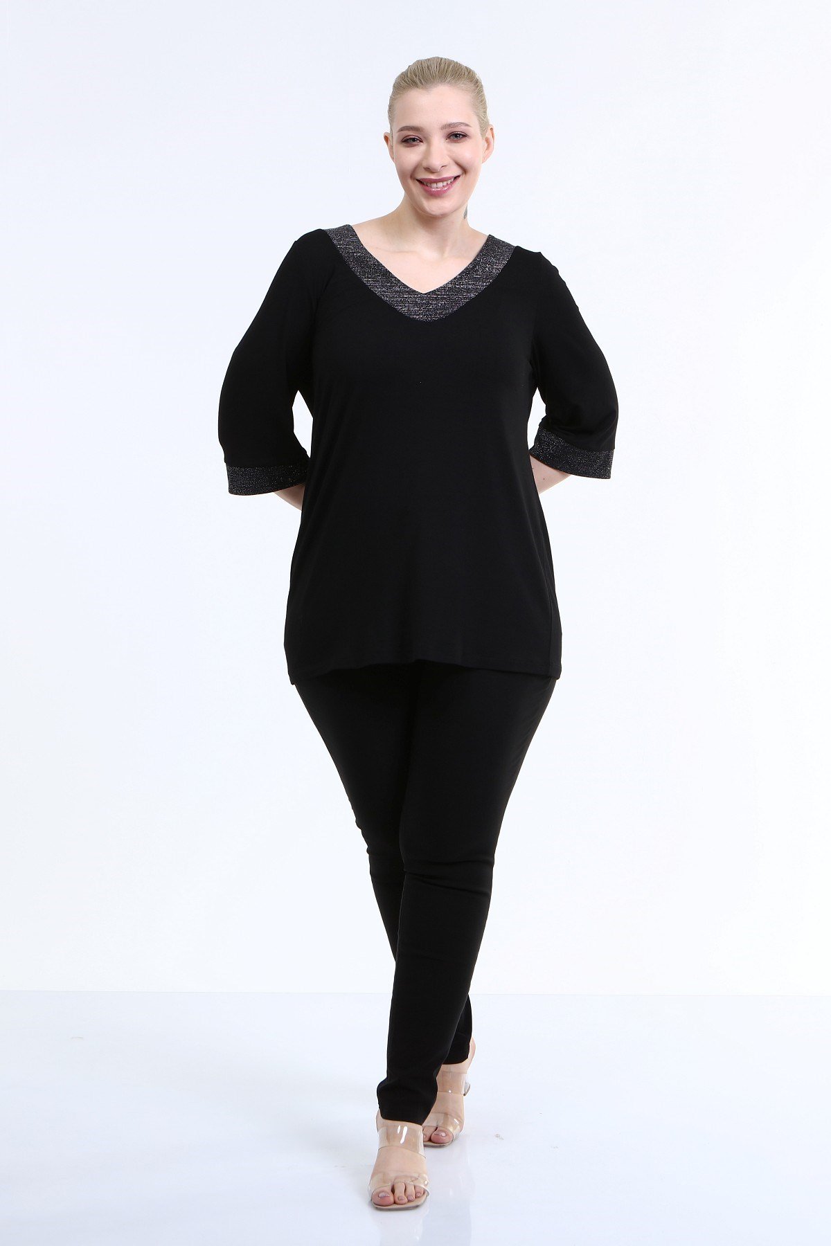 Myline-Yaka ve Kol Ucu Simli Penye Bluz-Büyük Beden Bluz-66658