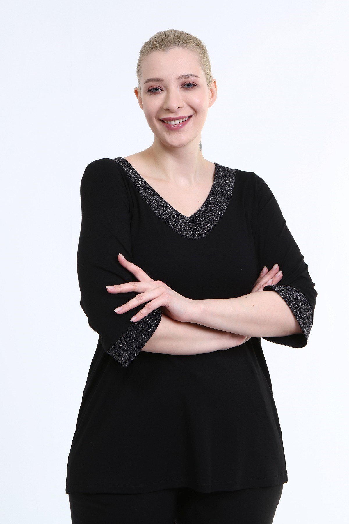 Myline-Yaka ve Kol Ucu Simli Penye Bluz-Büyük Beden Bluz-66658