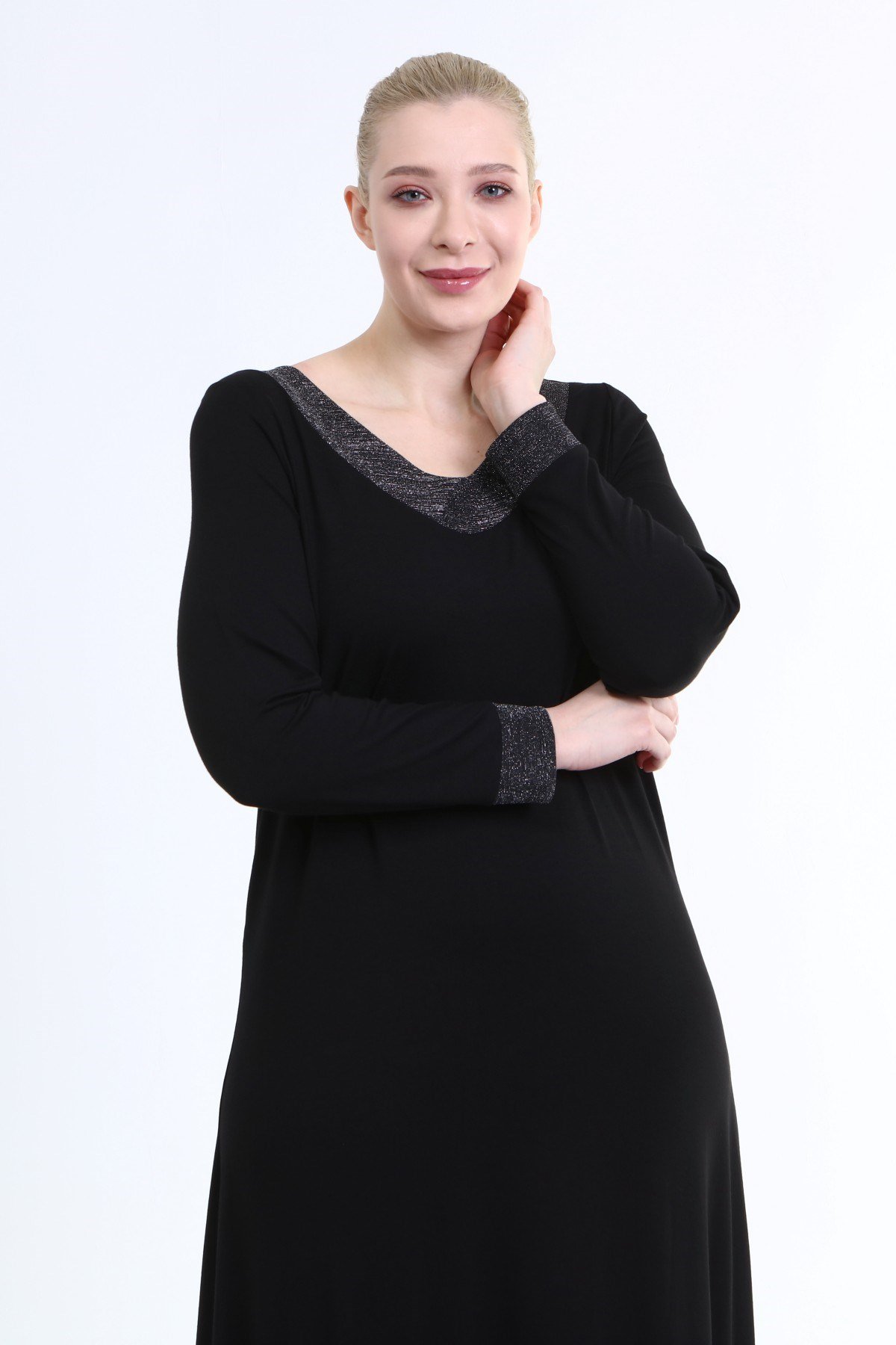 Myline-Yaka Ve Kol Ucu Simli Penye Elbise-Büyük Beden Günlük Elbiseler-66682