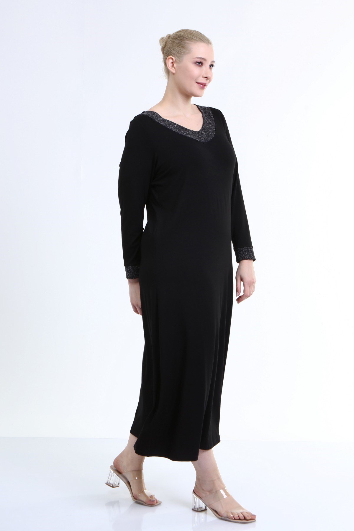 Myline-Yaka Ve Kol Ucu Simli Penye Elbise-Büyük Beden Günlük Elbiseler-66682