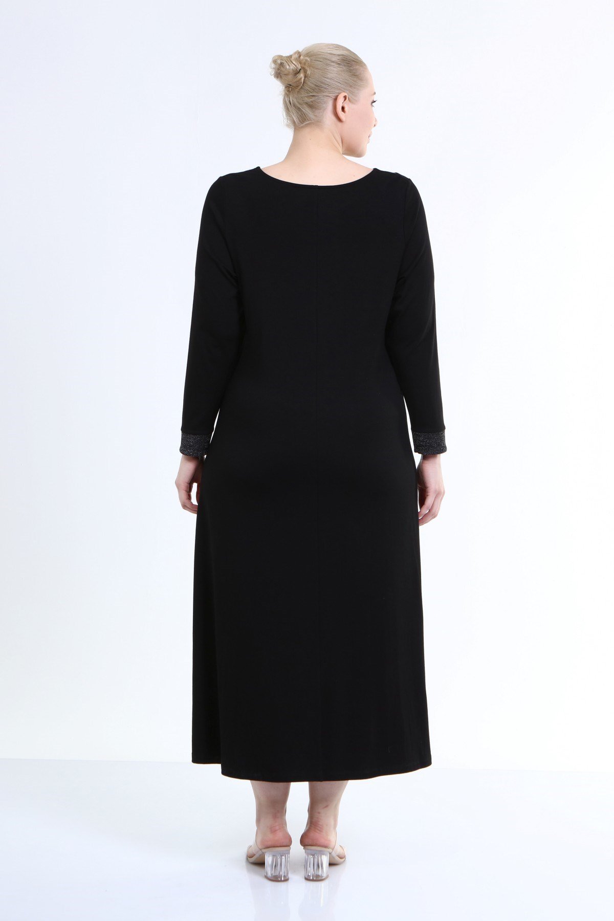 Myline-Yaka Ve Kol Ucu Simli Penye Elbise-Büyük Beden Günlük Elbiseler-66682