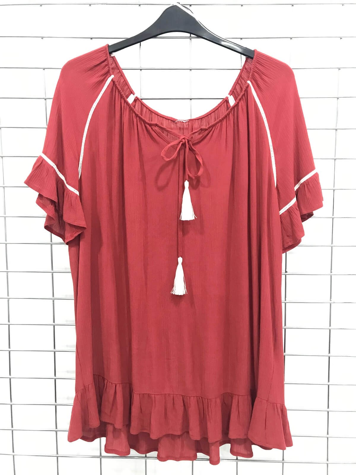 Myline-Yakası Lastik Detaylı Kısa Kollu Bluz-Büyük Beden Outlet-45664