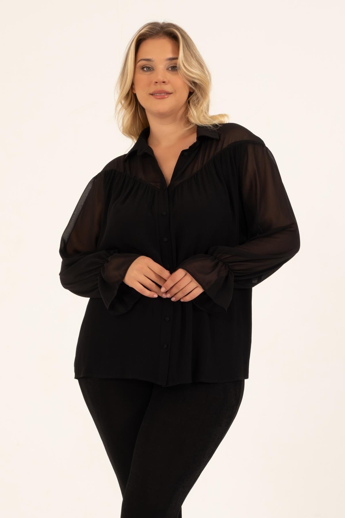 Myline-Yakası ve Kolları Şifon Bluz-Büyük Beden Bluz-128554