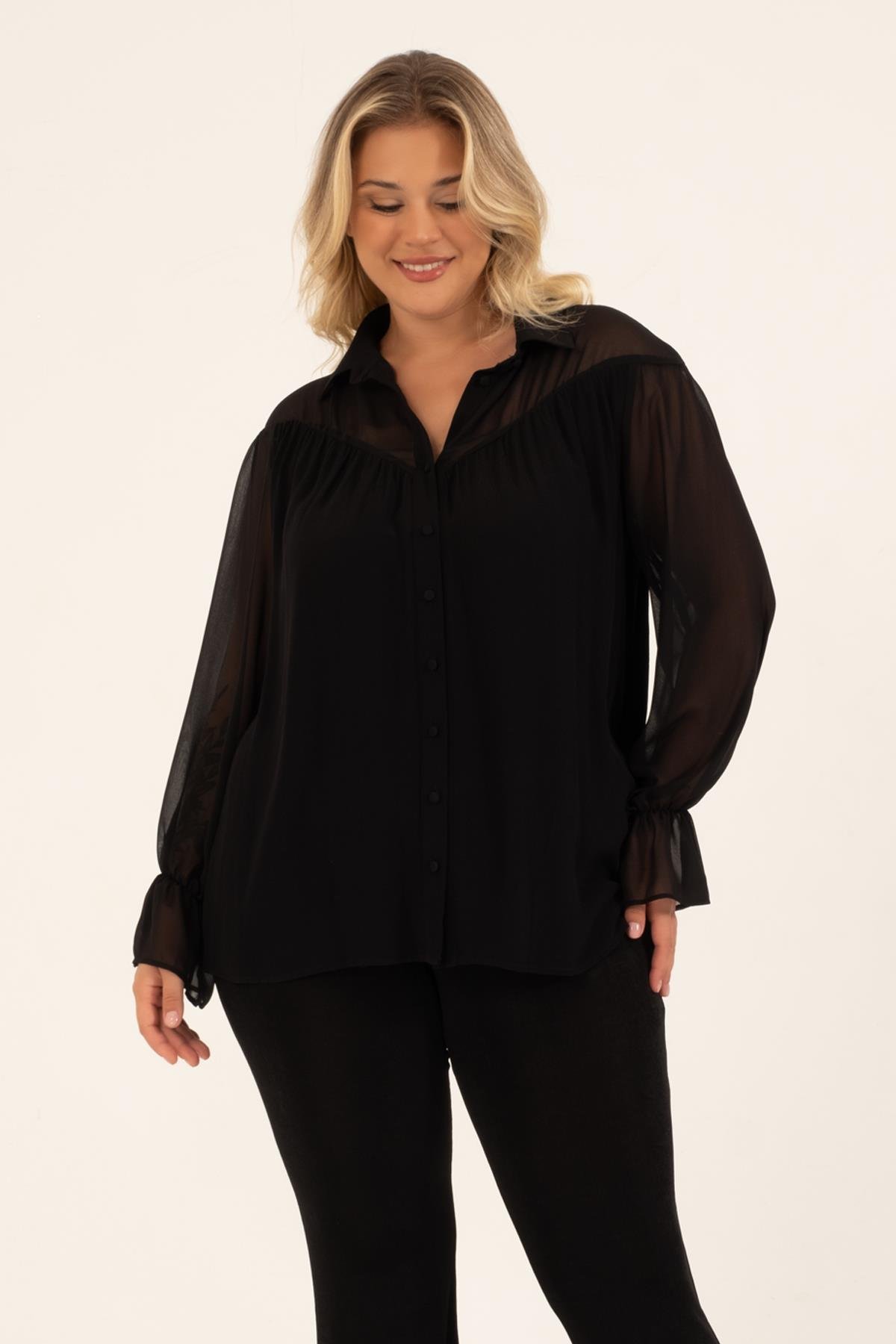 Myline-Yakası ve Kolları Şifon Bluz-Büyük Beden Bluz-128554