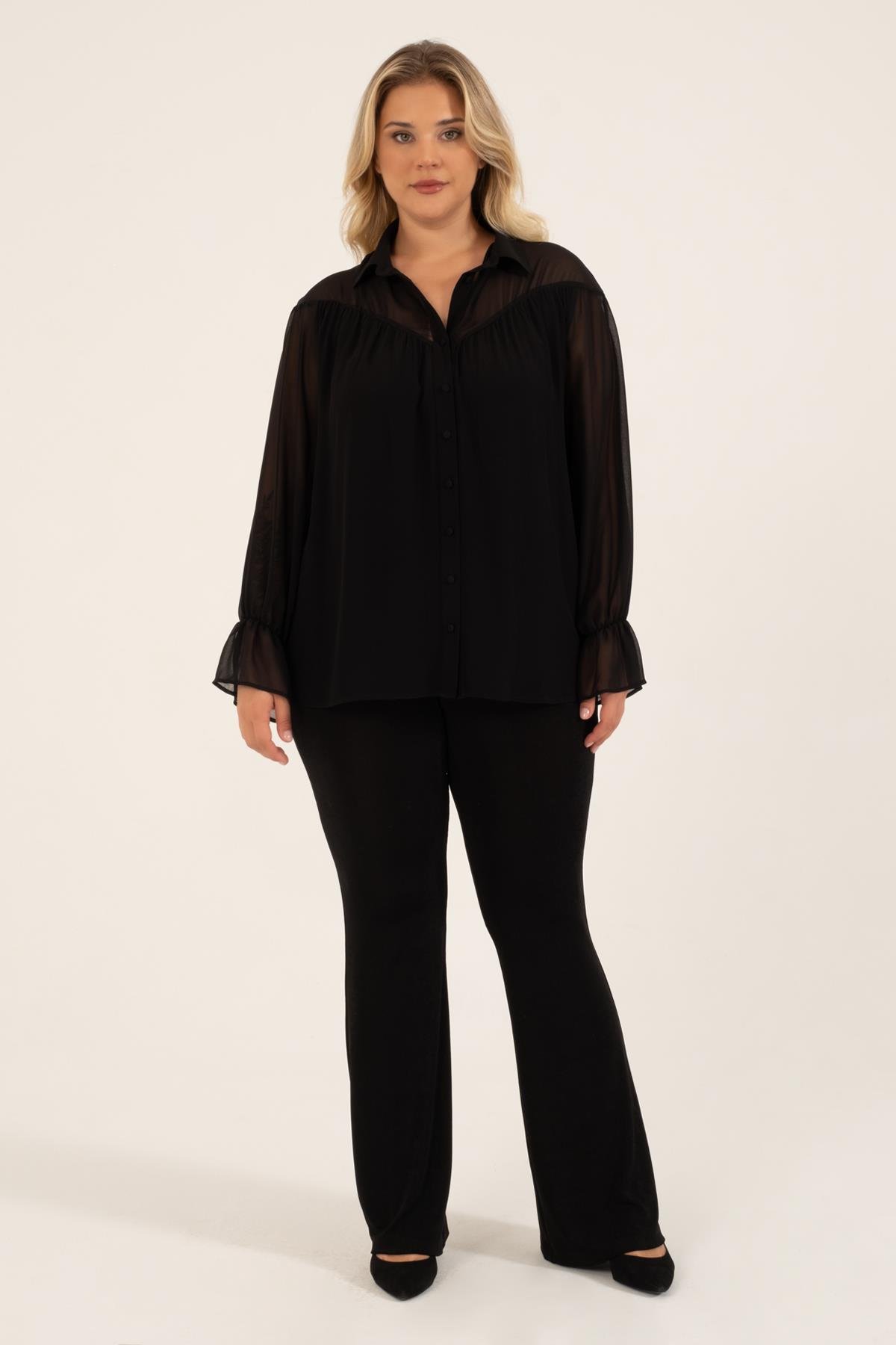 Myline-Yakası ve Kolları Şifon Bluz-Büyük Beden Bluz-128554