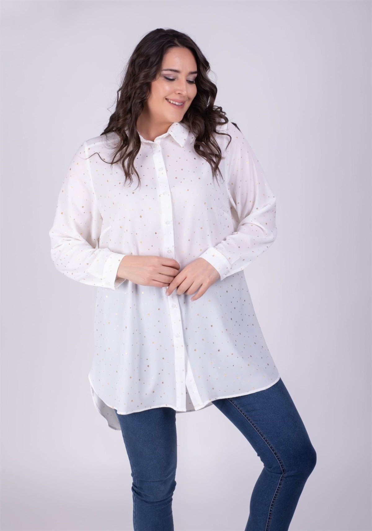 Myline-Yaldız Baskılı Uzun Gömlek-Büyük Beden Gömlek-34338