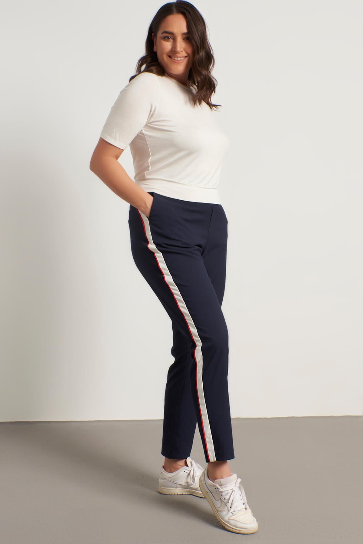 Myline-Yandan Şeritli Beli Lastikli Pantolon-Büyük Beden Pantolon-13400-m