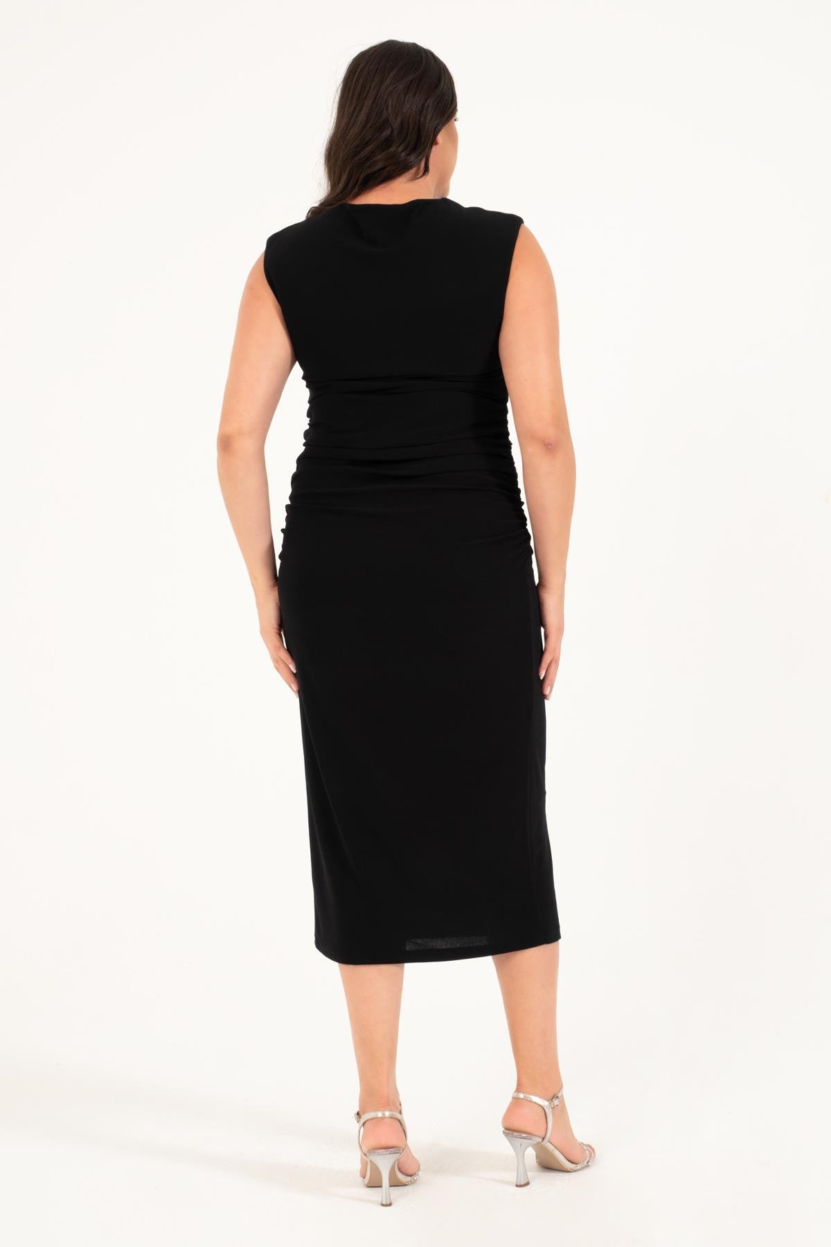 Myline-Yanları Büzgülü Astarlı Midi Elbise-Büyük Beden Günlük Elbiseler-128840