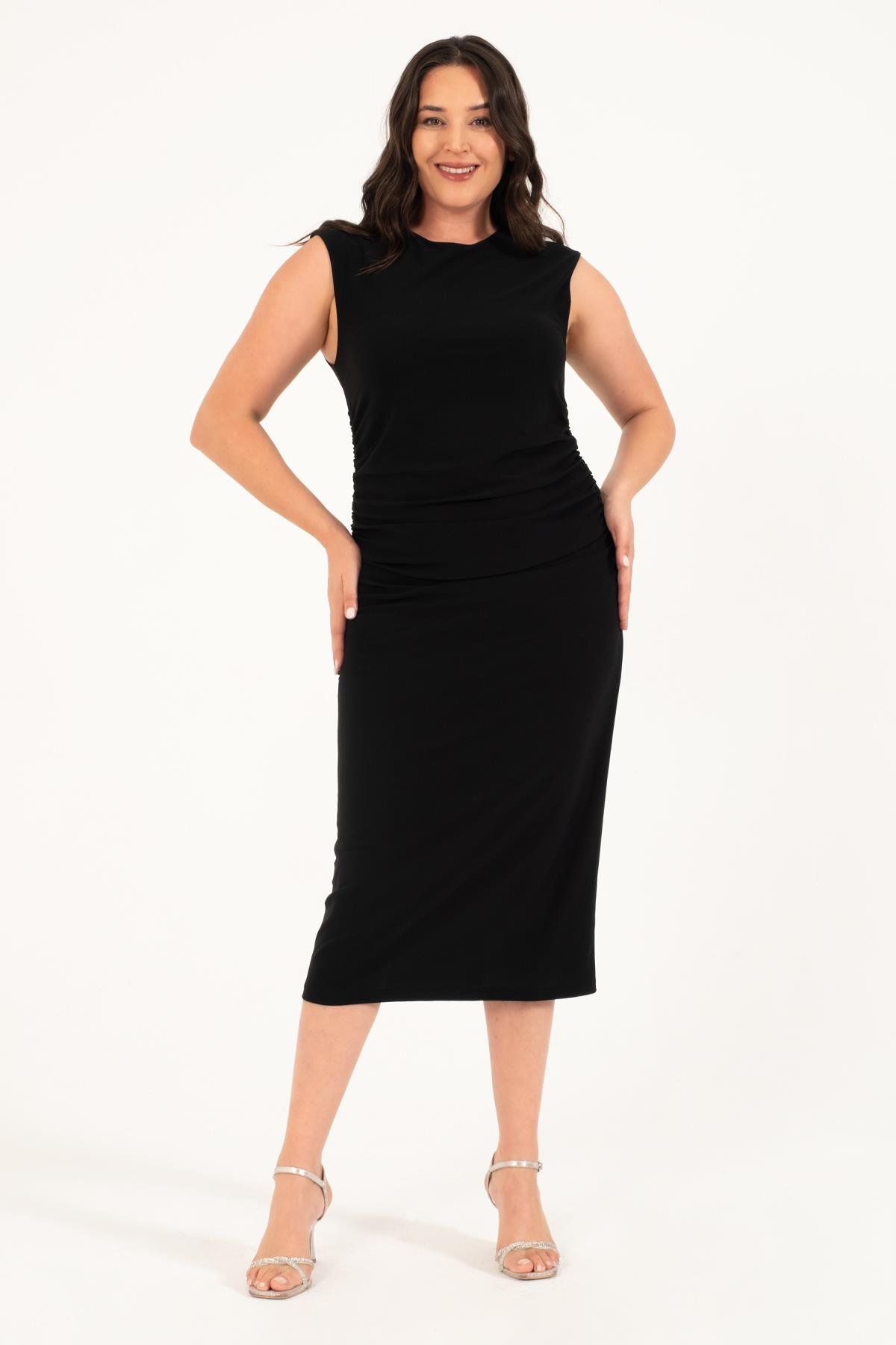 Myline-Yanları Büzgülü Astarlı Midi Elbise-Büyük Beden Günlük Elbiseler-128840