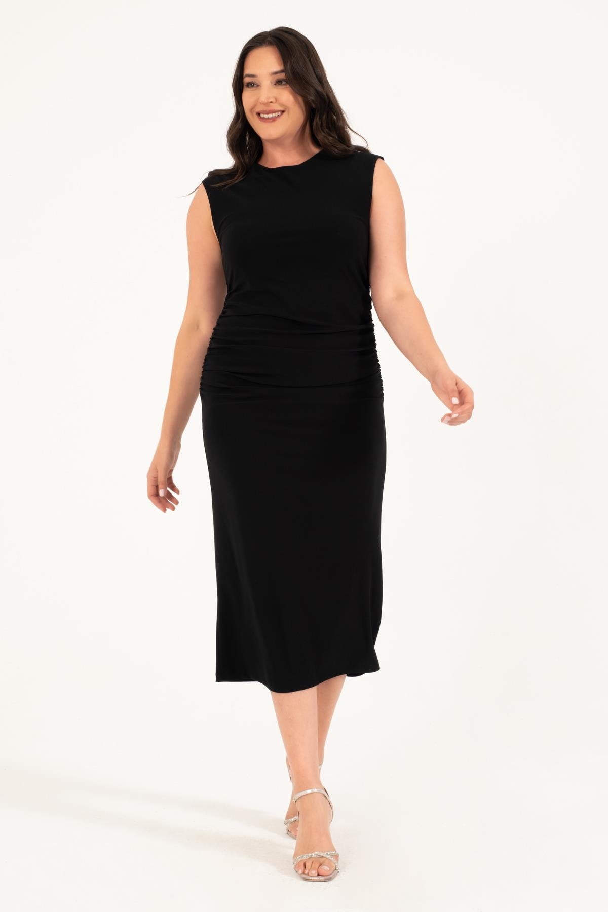 Myline-Yanları Büzgülü Astarlı Midi Elbise-Büyük Beden Günlük Elbiseler-128840