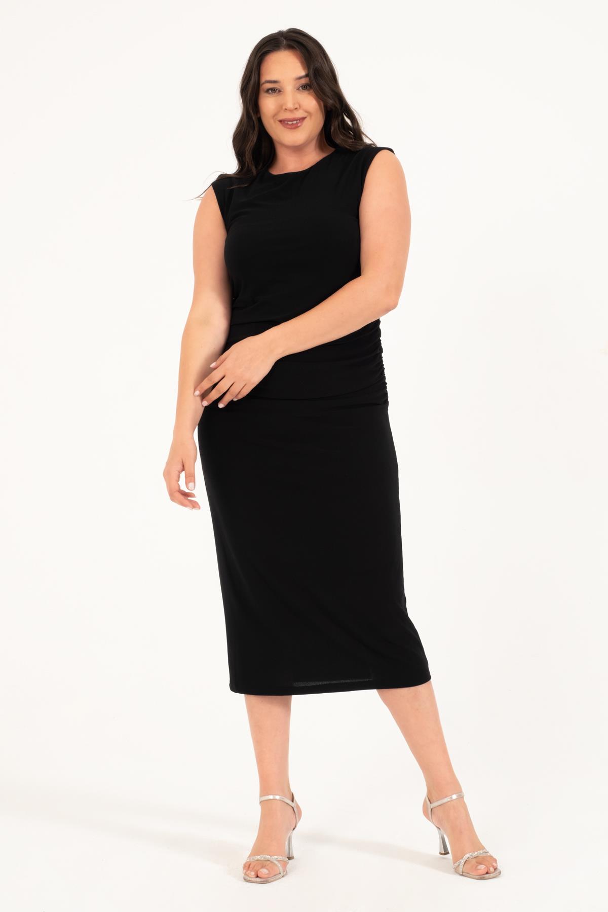 Myline-Yanları Büzgülü Astarlı Midi Elbise-Büyük Beden Günlük Elbiseler-128840