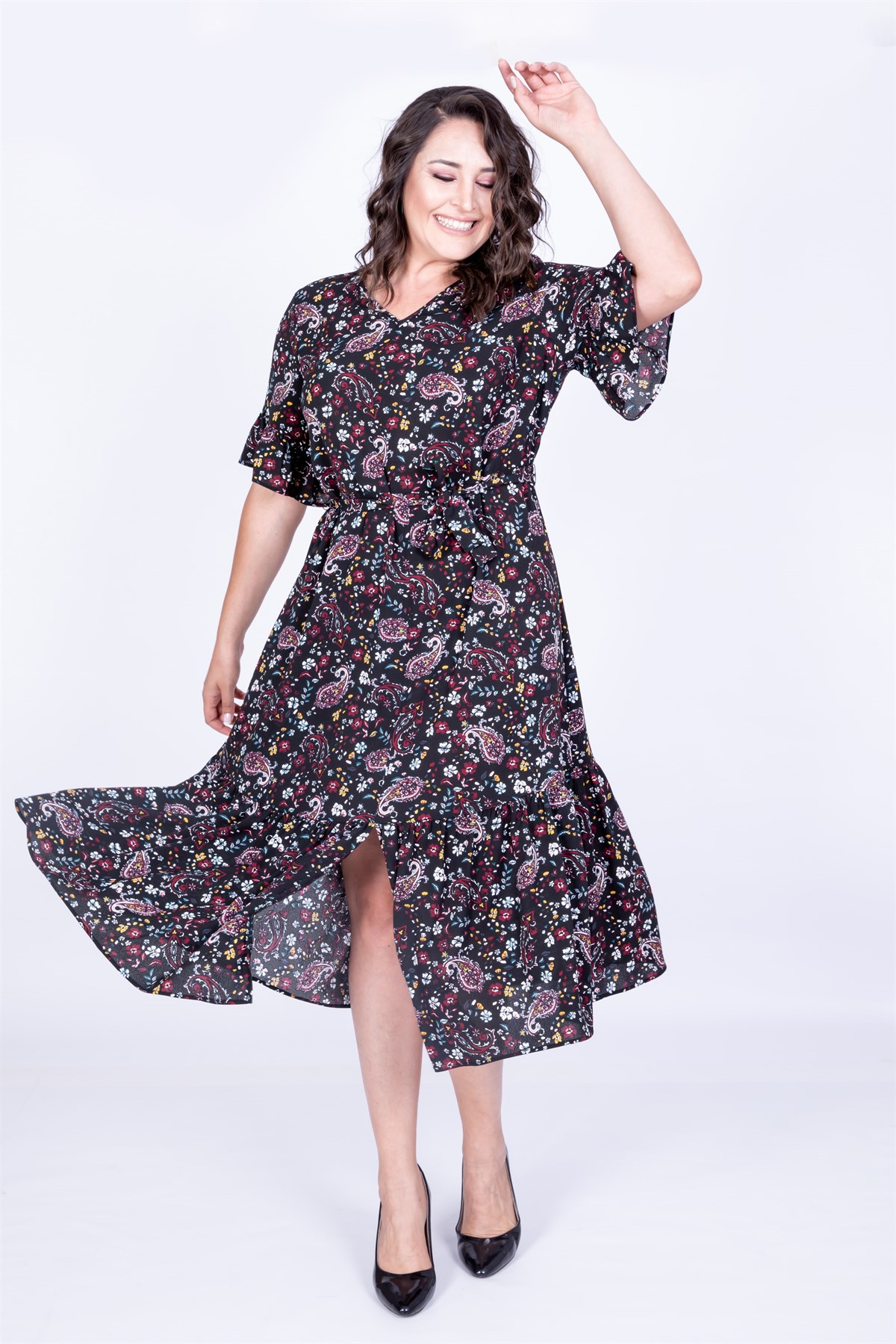 Myline-Yarım Kol Fırfır Detaylı Elbise-Büyük Beden Günlük Elbiseler-35026