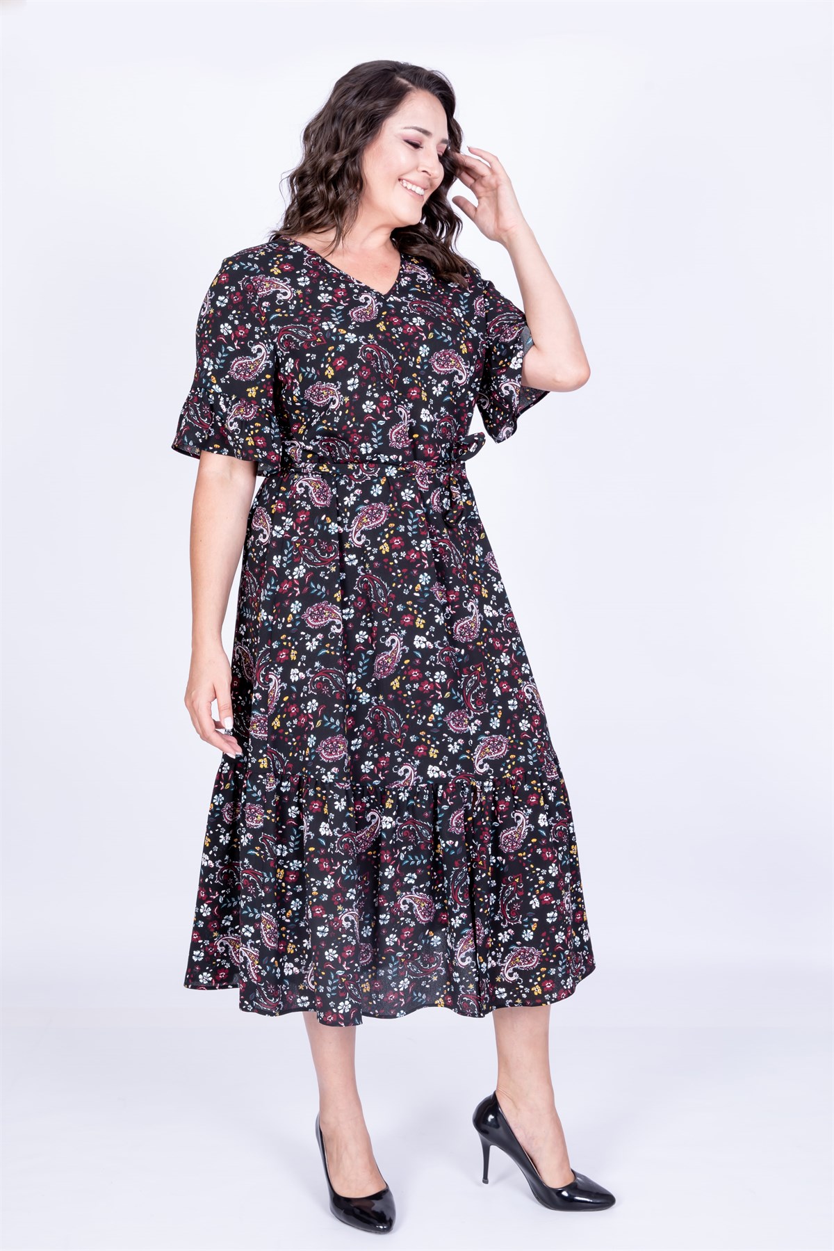 Myline-Yarım Kol Fırfır Detaylı Elbise-Büyük Beden Günlük Elbiseler-35026