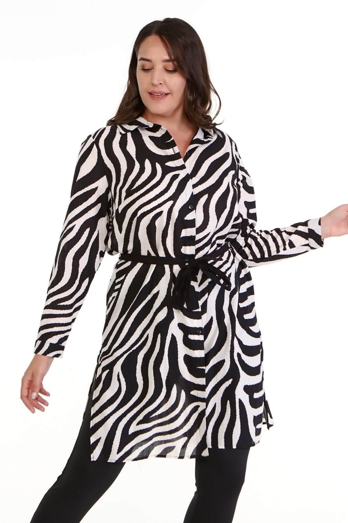 Myline-Yırtmaç Detaylı Gömlek Tunik-Büyük Beden Tunik-66974