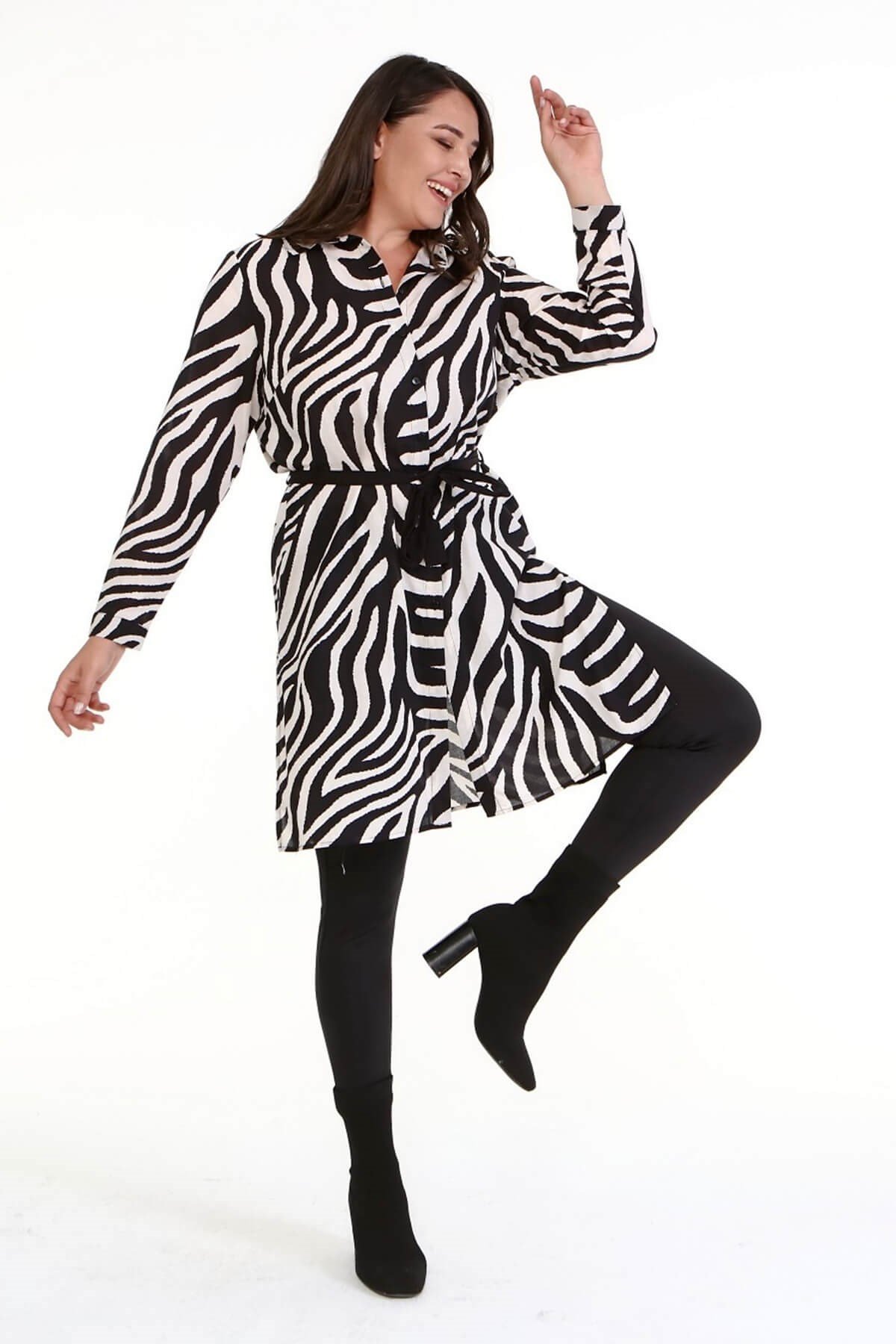 Myline-Yırtmaç Detaylı Gömlek Tunik-Büyük Beden Tunik-66974