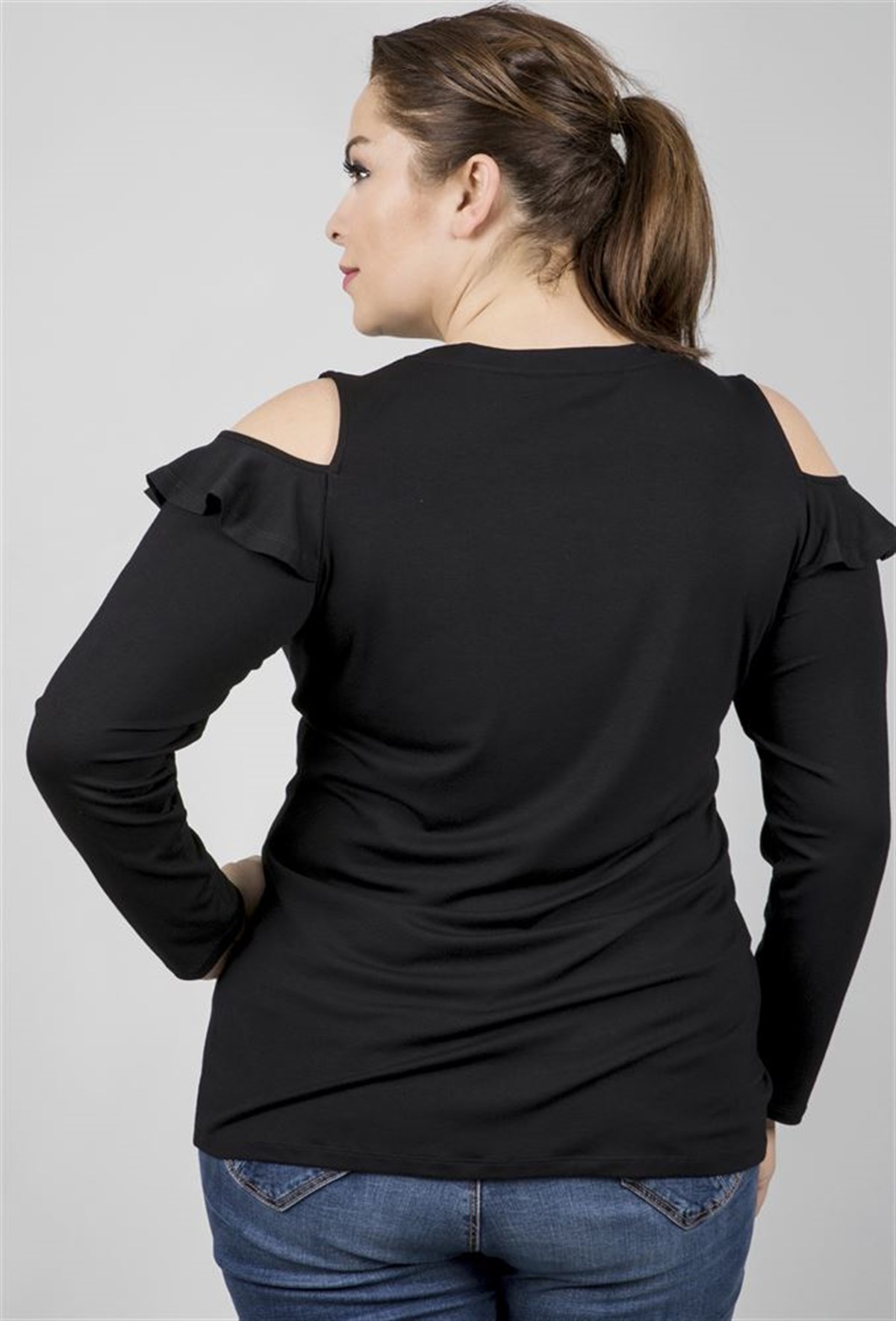 Omuzları Açık Uzun Kollu Biyeli Örme BluzMYLINE23579-m