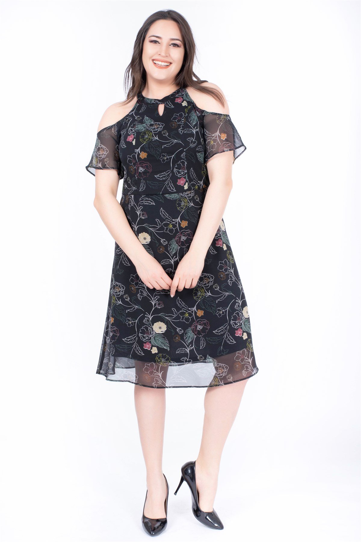 Omuzları Çaıkm Astarlı Şifon ElbiseMYLINE34503