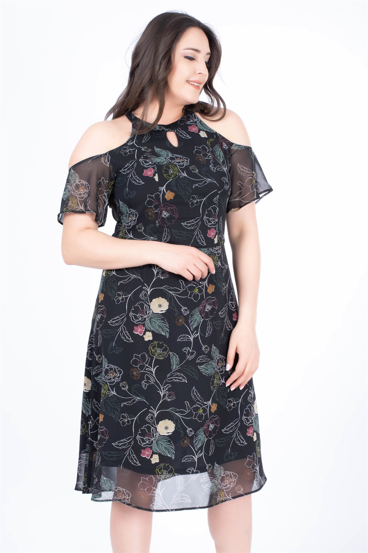 Omuzları Çaıkm Astarlı Şifon ElbiseMYLINE34503