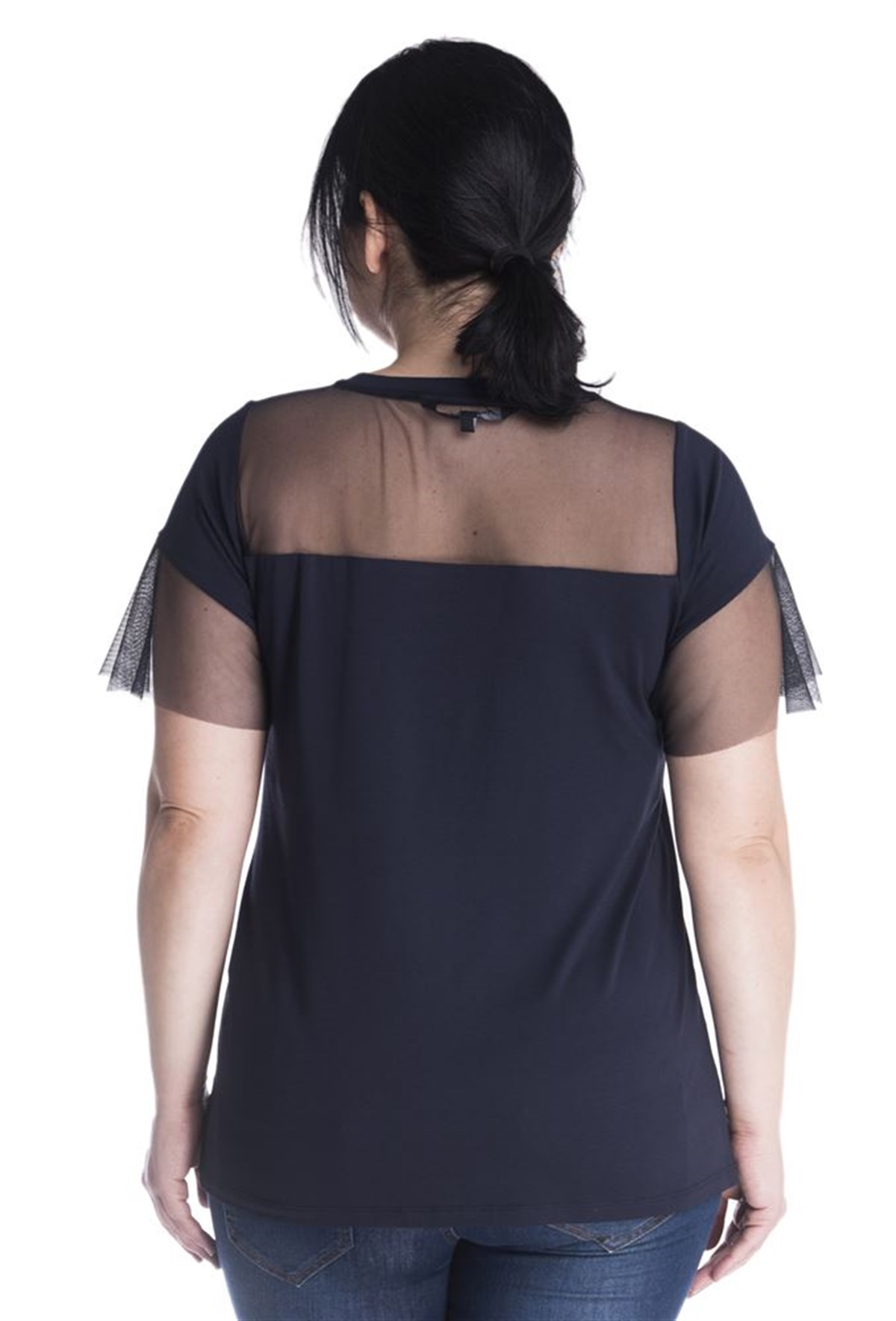 Önü ve Kolları Tül Detaylı T-ShirtMYLINE23417-m