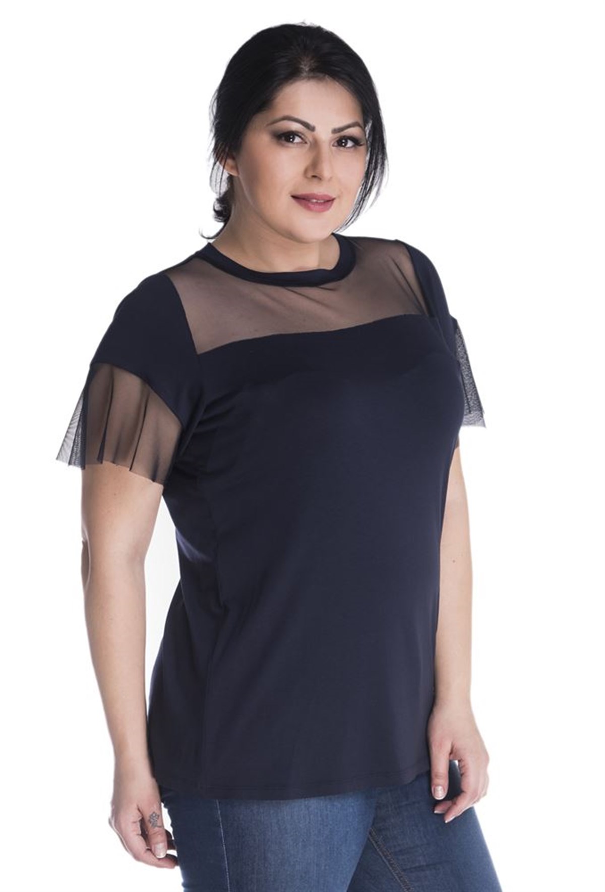 Önü ve Kolları Tül Detaylı T-ShirtMYLINE23417-m