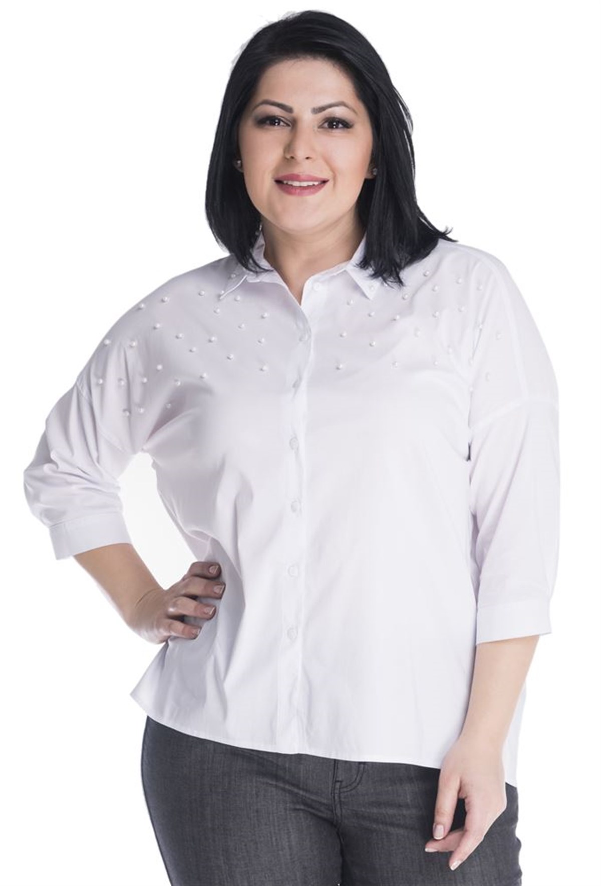 Önü Ve Yakası İnci Geniş GömlekMYLINE13353-m