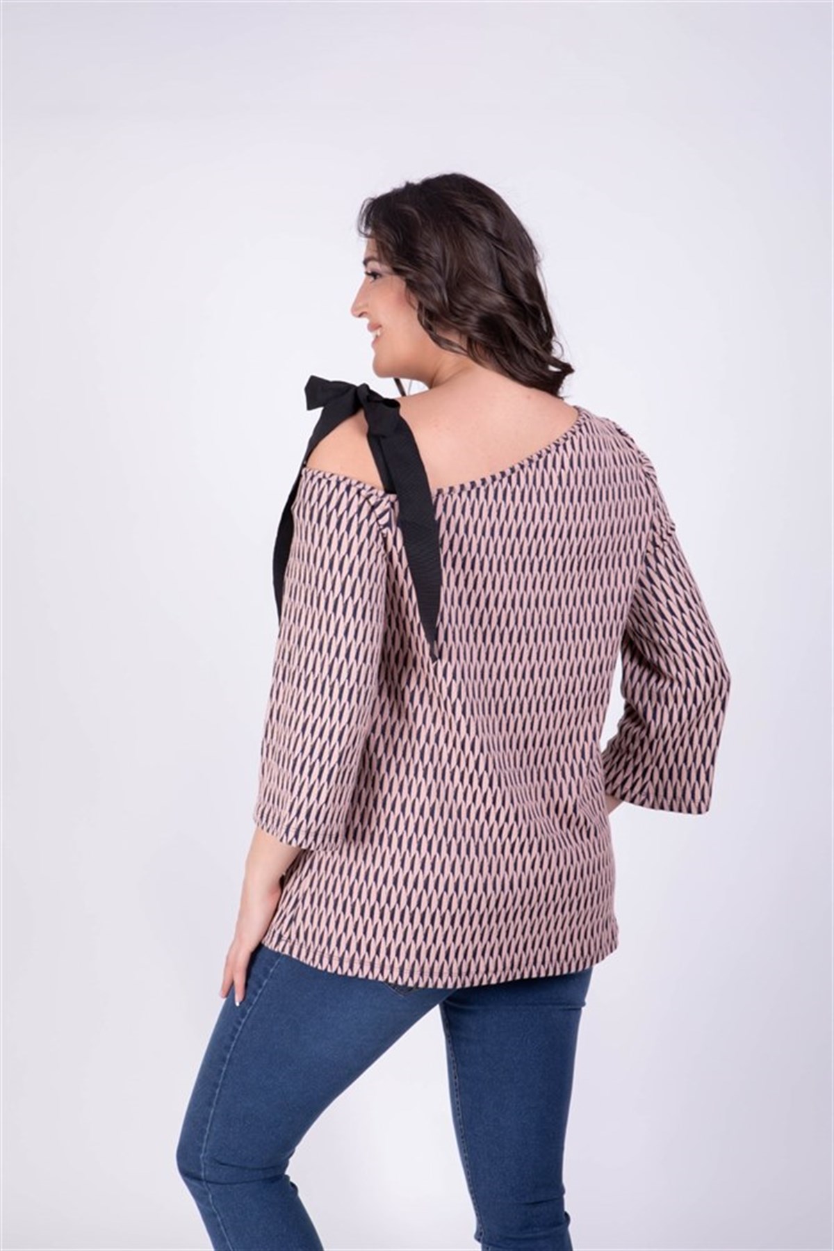 Tek Omuzu Açık Şeritli Desenli BluzMYLINE34171