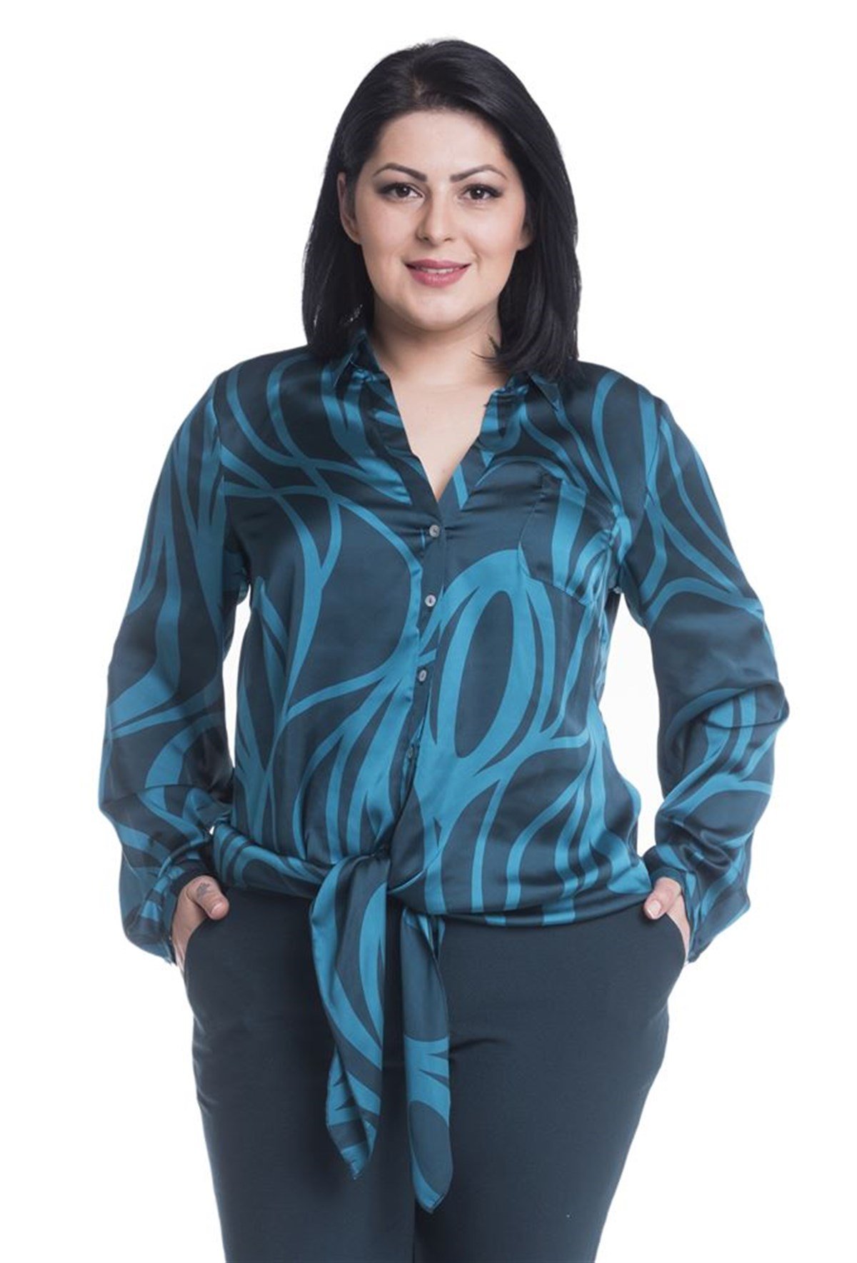 Uzun Kollu Apoletli Önü Bağcıklı BluzMYLINE13344-m