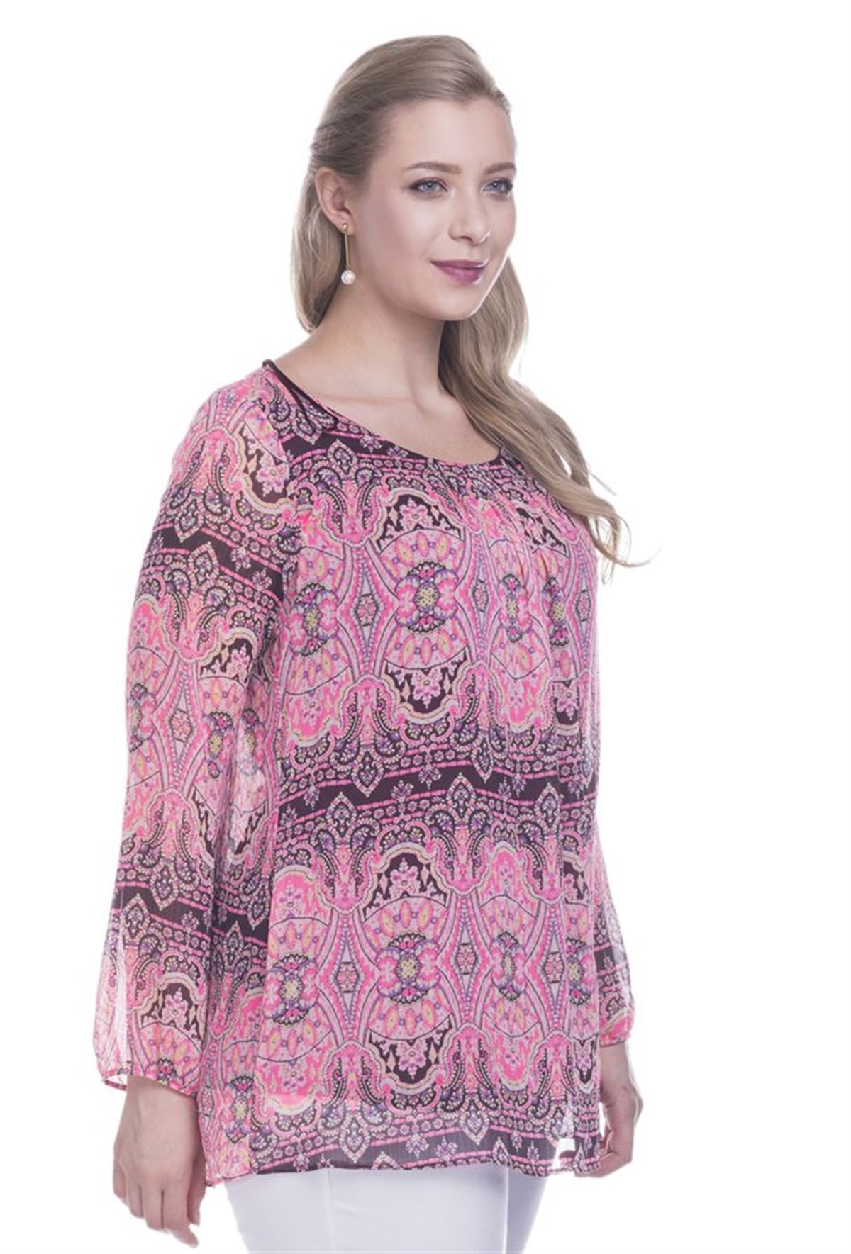 Uzun Kollu Astarlı Şifon BluzMYLINE12361-m