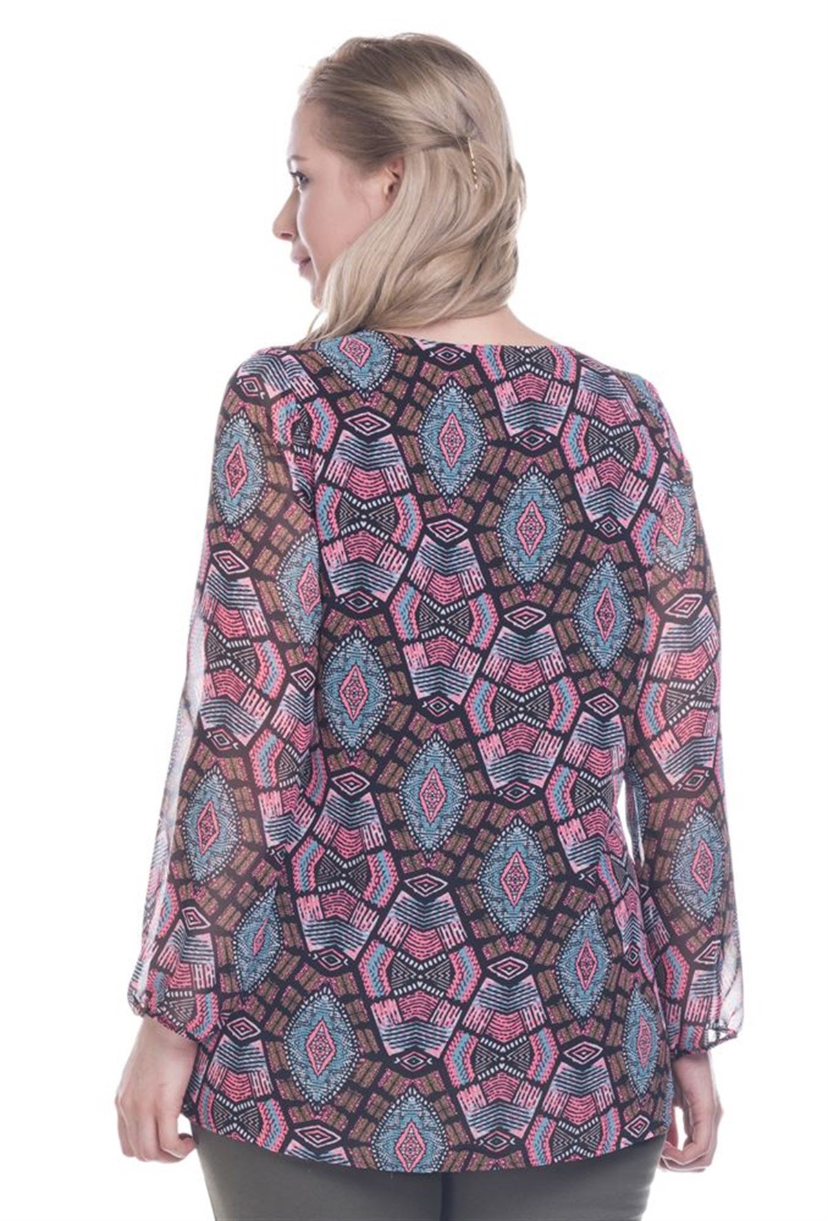 Uzun Kollu Astarlı Şifon BluzMYLINE12362-m