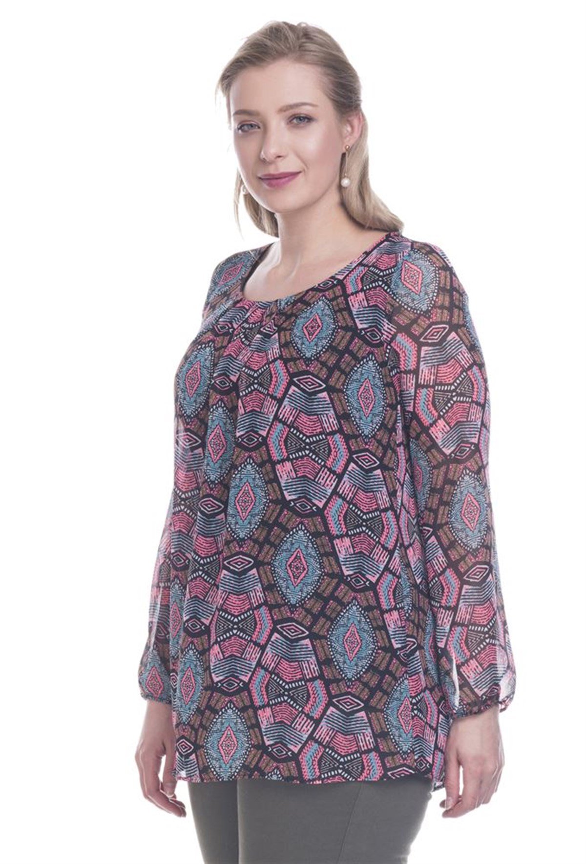 Uzun Kollu Astarlı Şifon BluzMYLINE12362-m