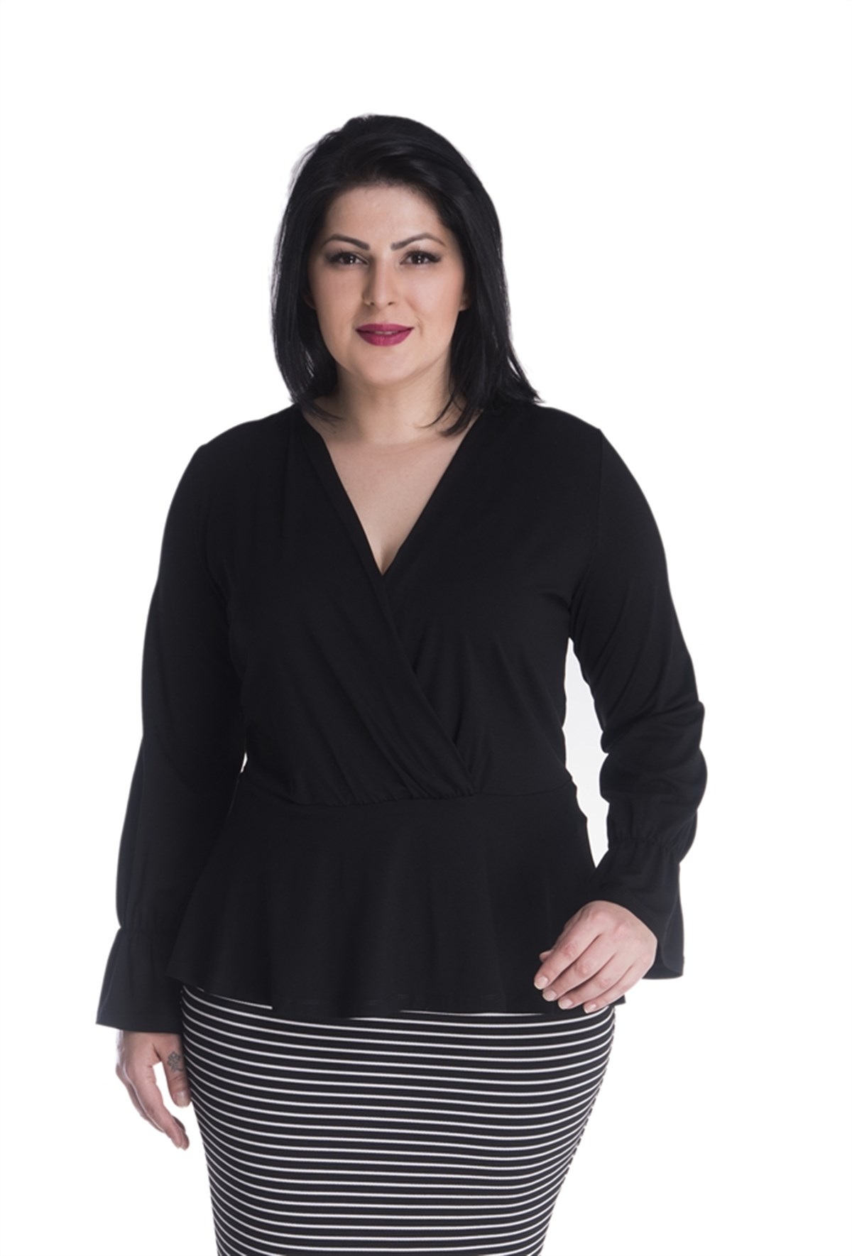 Uzun Kollu Önü Kruvazeli Beli Büzgülü BluzMYLINE13397-m