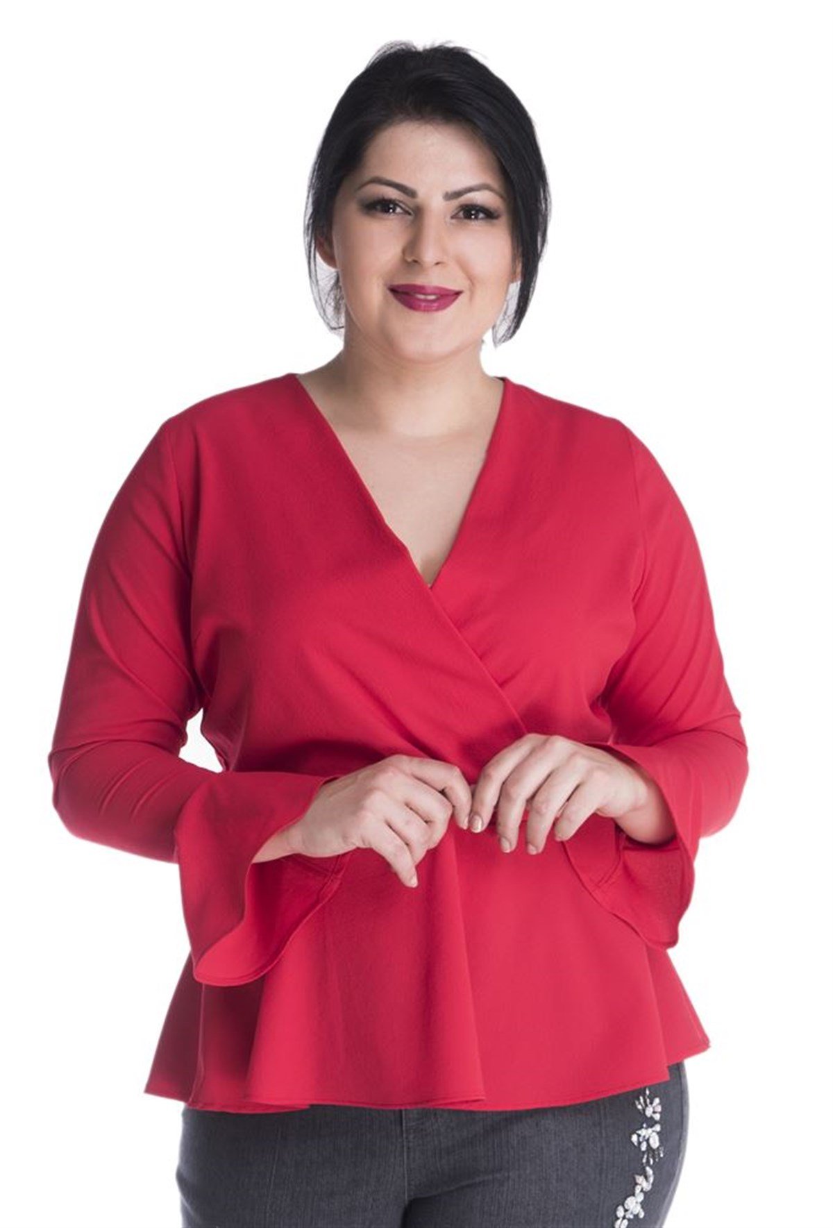 Uzun Kollu Önü Kruvazeli Beli Büzgülü BluzMYLINE13379-m