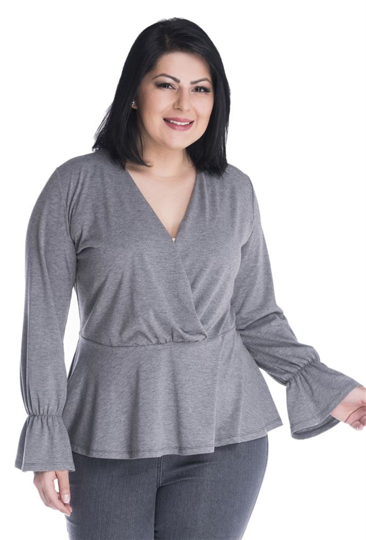 Uzun Kollu Önü Kruvazeli Beli Büzgülü BluzMYLINE13380-m