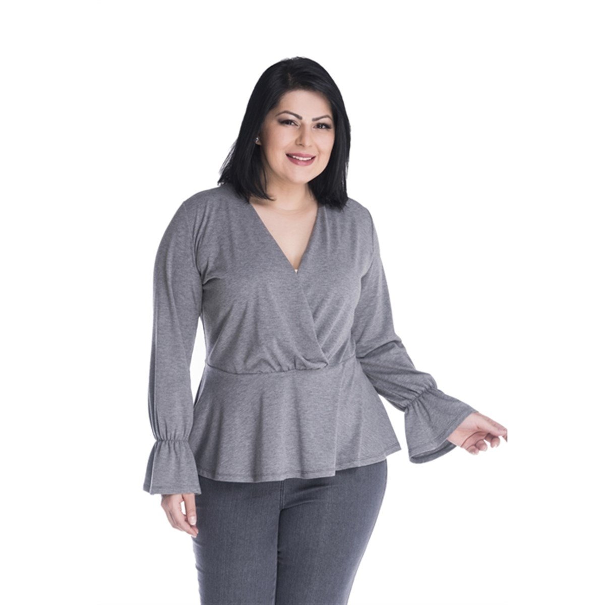 Uzun Kollu Önü Kruvazeli Beli Büzgülü BluzMYLINE13380-m