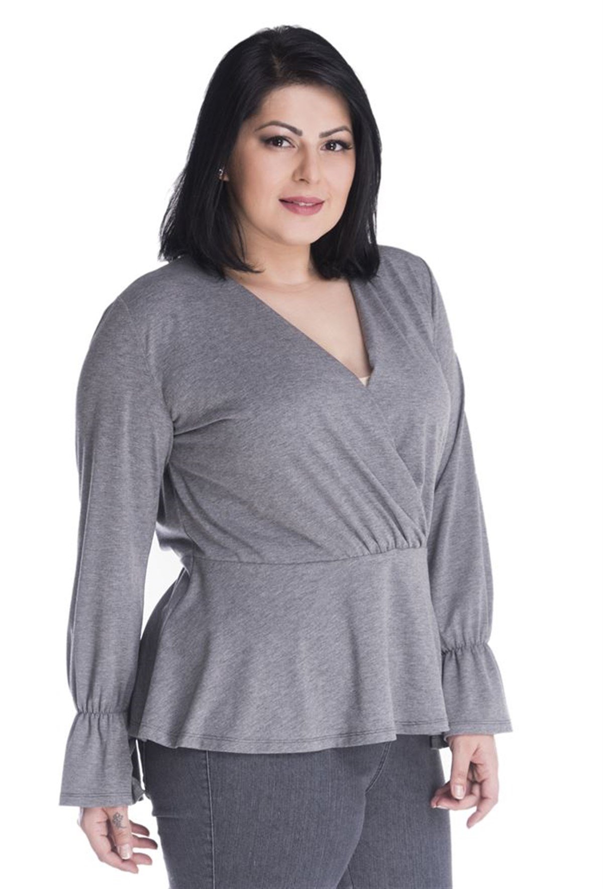 Uzun Kollu Önü Kruvazeli Beli Büzgülü BluzMYLINE13380-m