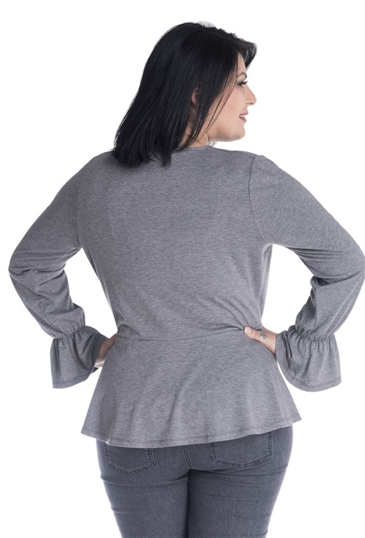 Uzun Kollu Önü Kruvazeli Beli Büzgülü BluzMYLINE13380-m