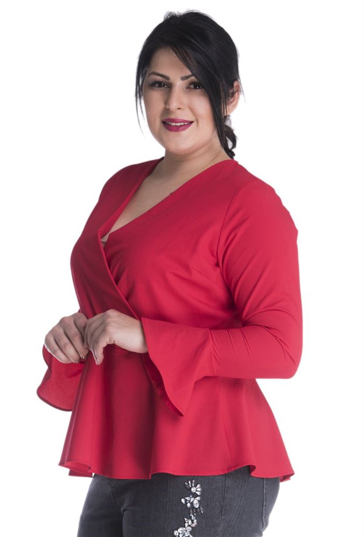 Uzun Kollu Önü Kruvazeli Beli Büzgülü BluzMYLINE13379-m