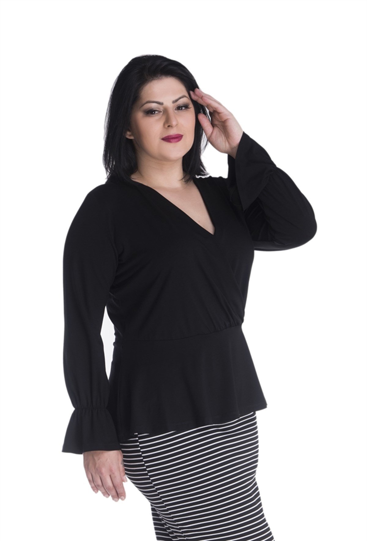 Uzun Kollu Önü Kruvazeli Beli Büzgülü BluzMYLINE13397-m