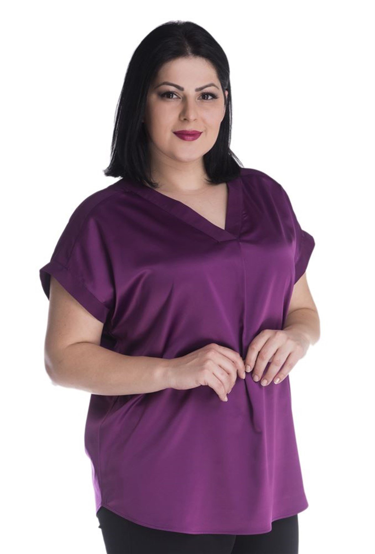 V-Yakalı Kısa Kollu Saten BluzMYLINE23434-m