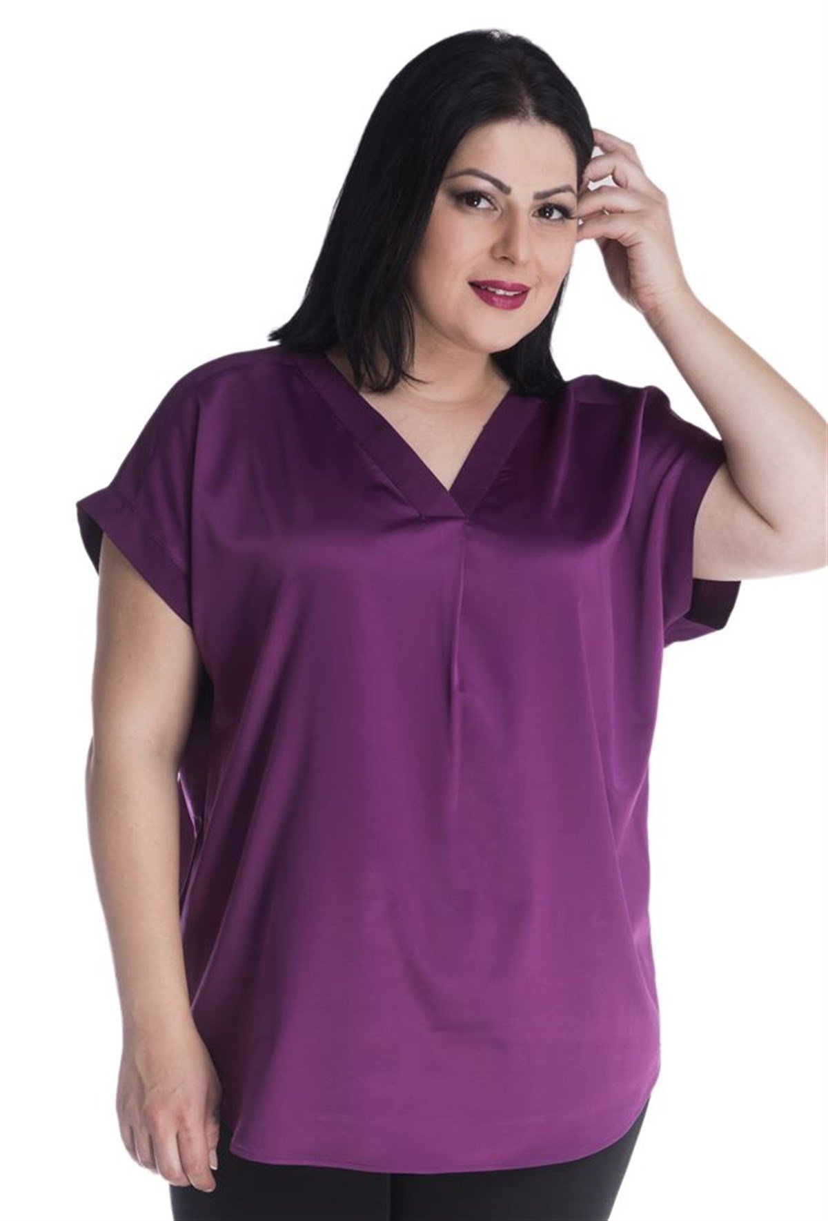 V-Yakalı Kısa Kollu Saten BluzMYLINE23434-m