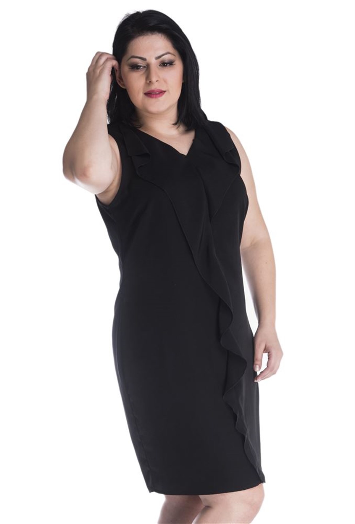 Volanlı Kolsuz V Yaka ElbiseMYLINE13347-m