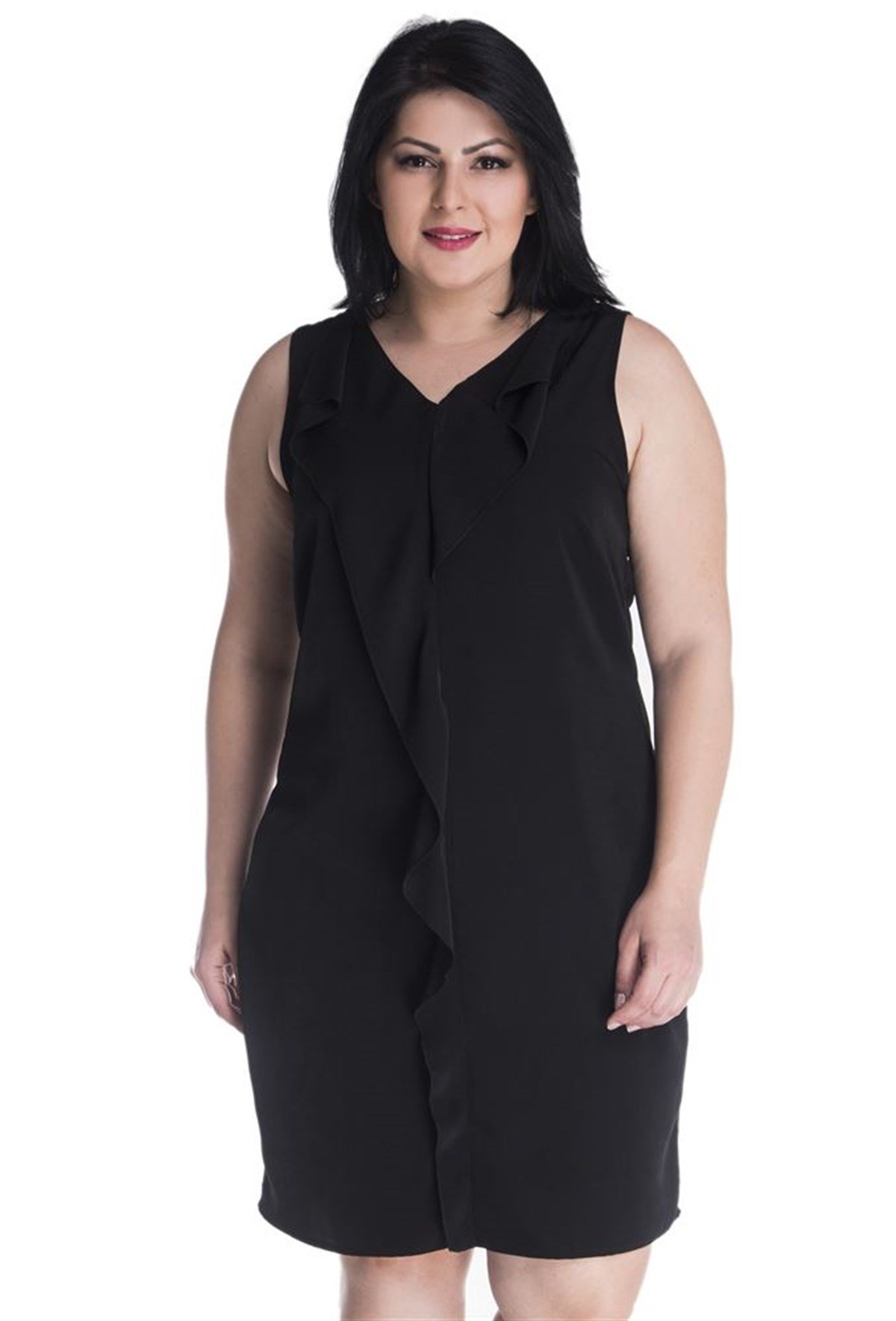 Volanlı Kolsuz V Yaka ElbiseMYLINE13347-m