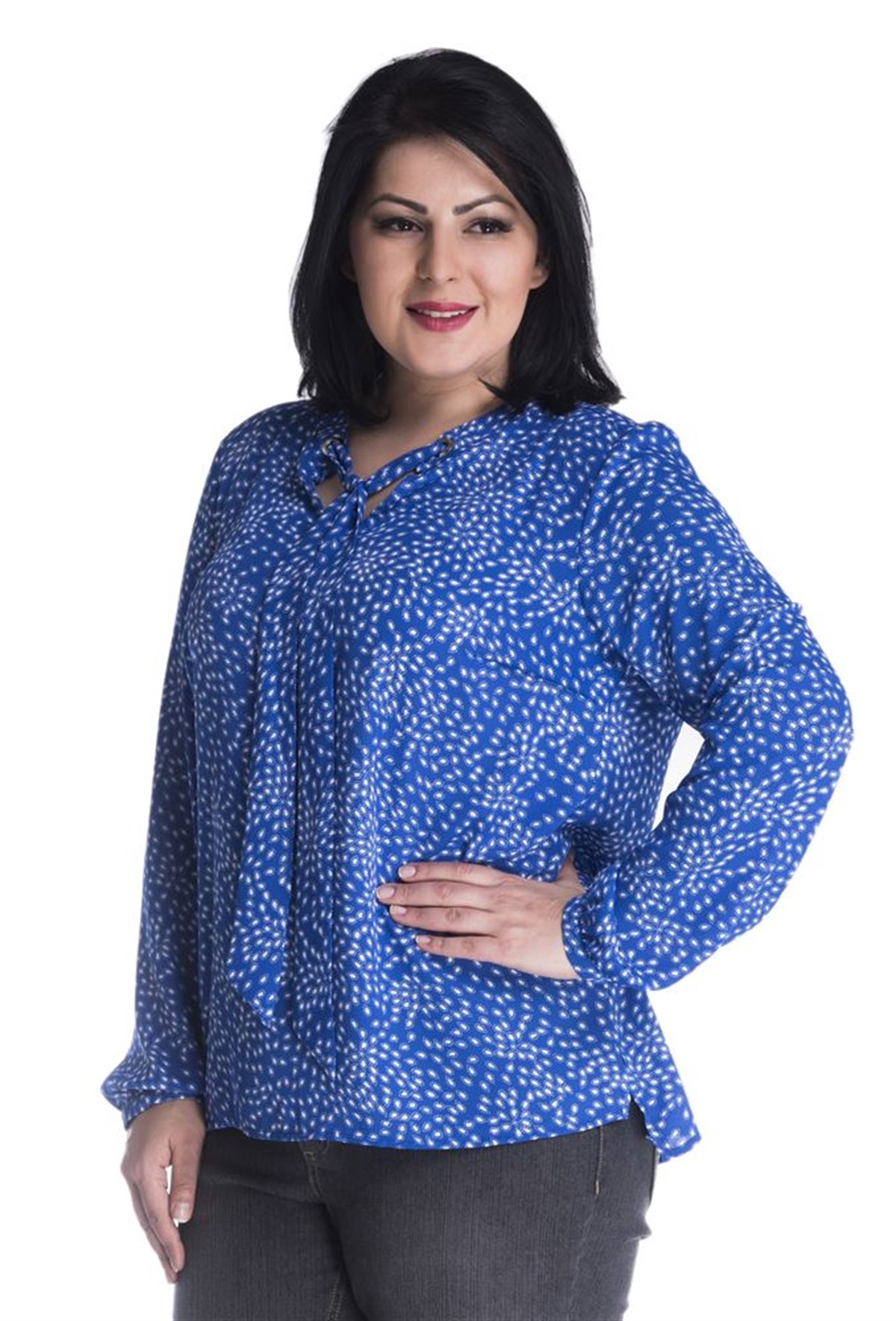 Yakasında Kuşgözlü Uzun Kollu Desenli BluzMYLINE23415-m